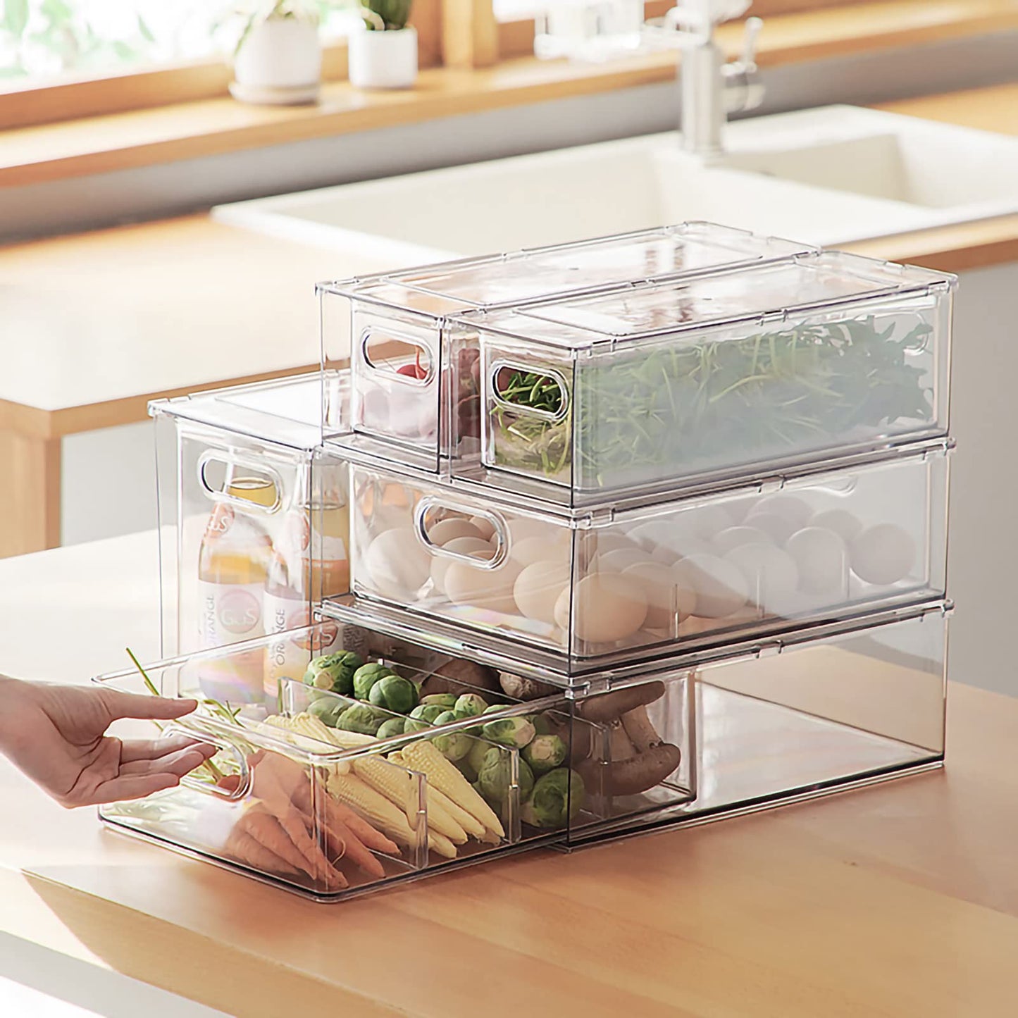MineSign Stackable Fridge Drawer Pull-Out Bins with Handles 3 Pack Large Clear Food Container with Removable Dividers Refrigerator Storage box Divided Produce Saver for Pantry Kitchen