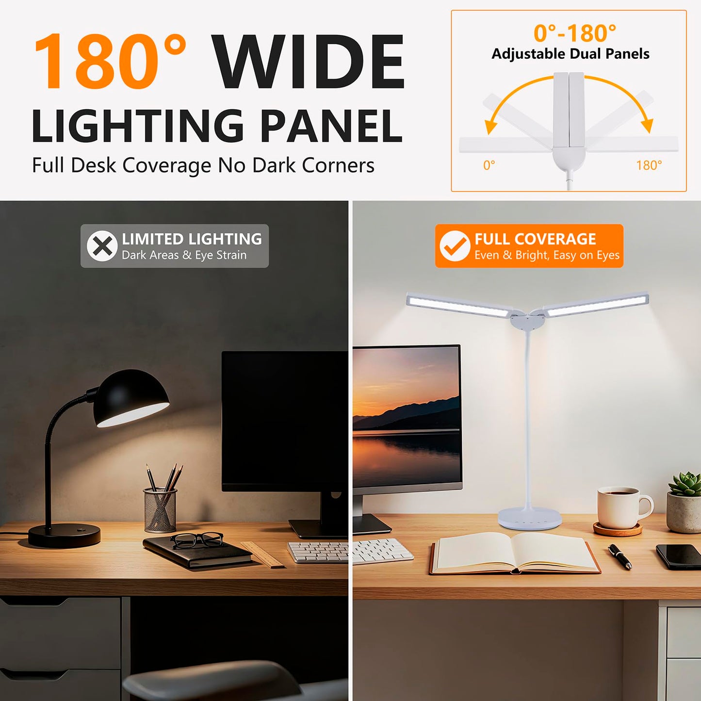 G Keni LED Desk Lamp, 2400 Lux Bright Desk Lamp for Home Office, Dual Head Adjustable Desk Lamp with 5 Color Modes, Stepless Dimming, 360° Gooseneck, Auto Timer, Eye Caring Task Light