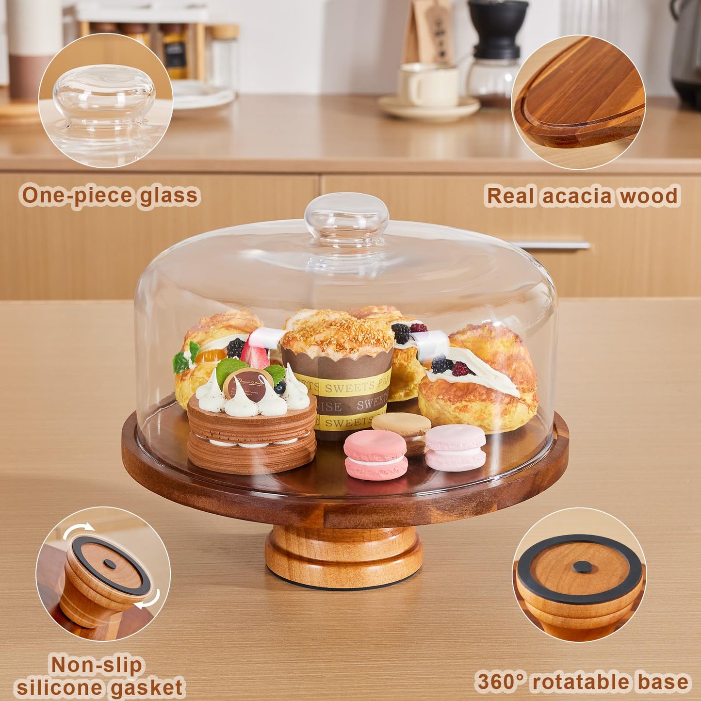 Yangbaga Glass Cake Stand with Lid,11in Wooden Rotating Cake Stand with Dome Cover, Cake Plate Display Server Tray for Birthday Kitchen Party