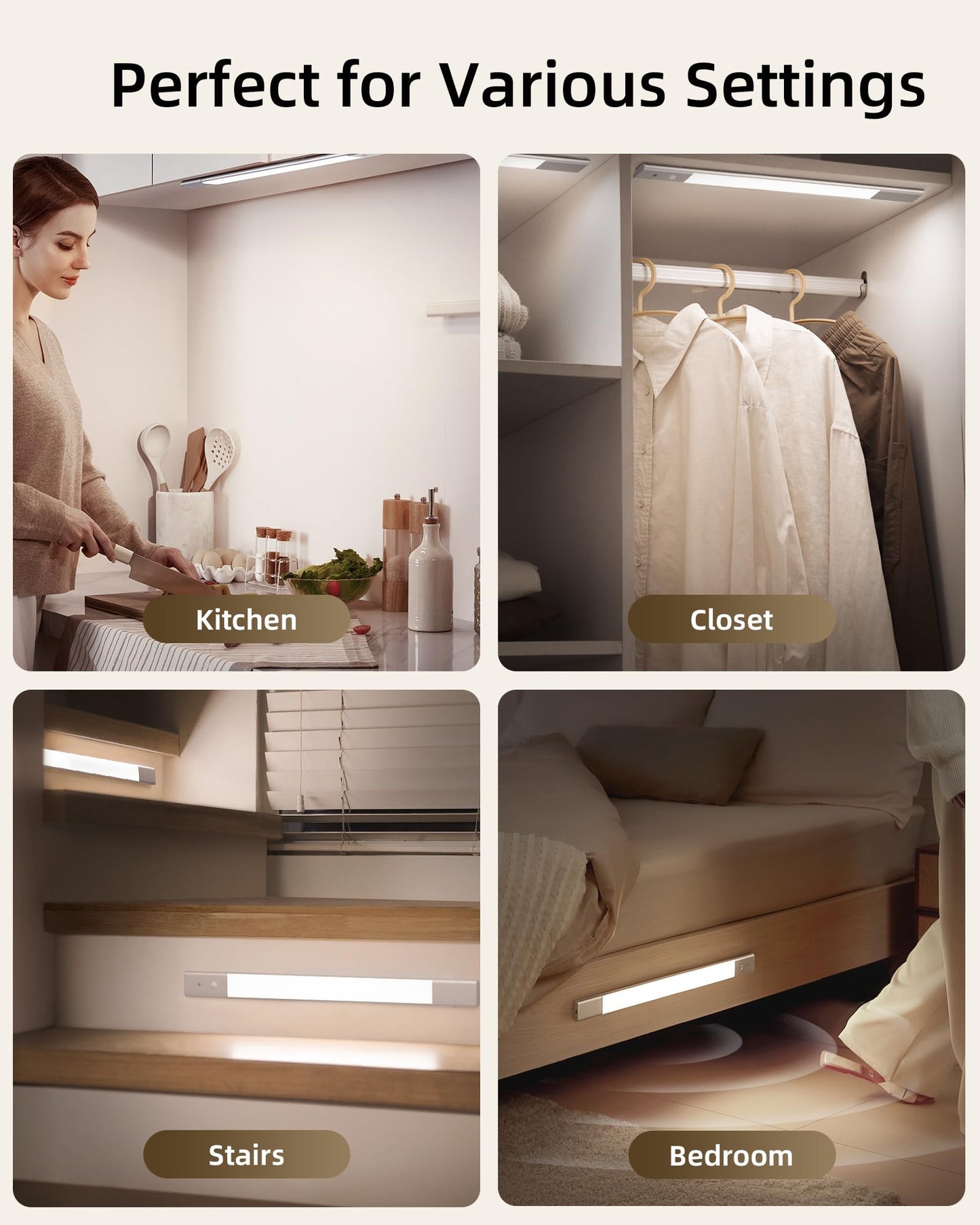 EZVALO Under Cabinet Lighting, Motion Sensor Closet Lights with 3 Extra Batteries, 76 LEDs Dimmable Eye-Caring Rechargeable LED Lights, 3 Color Temps, Under Counter Lights for Kitchen, Wardrobe