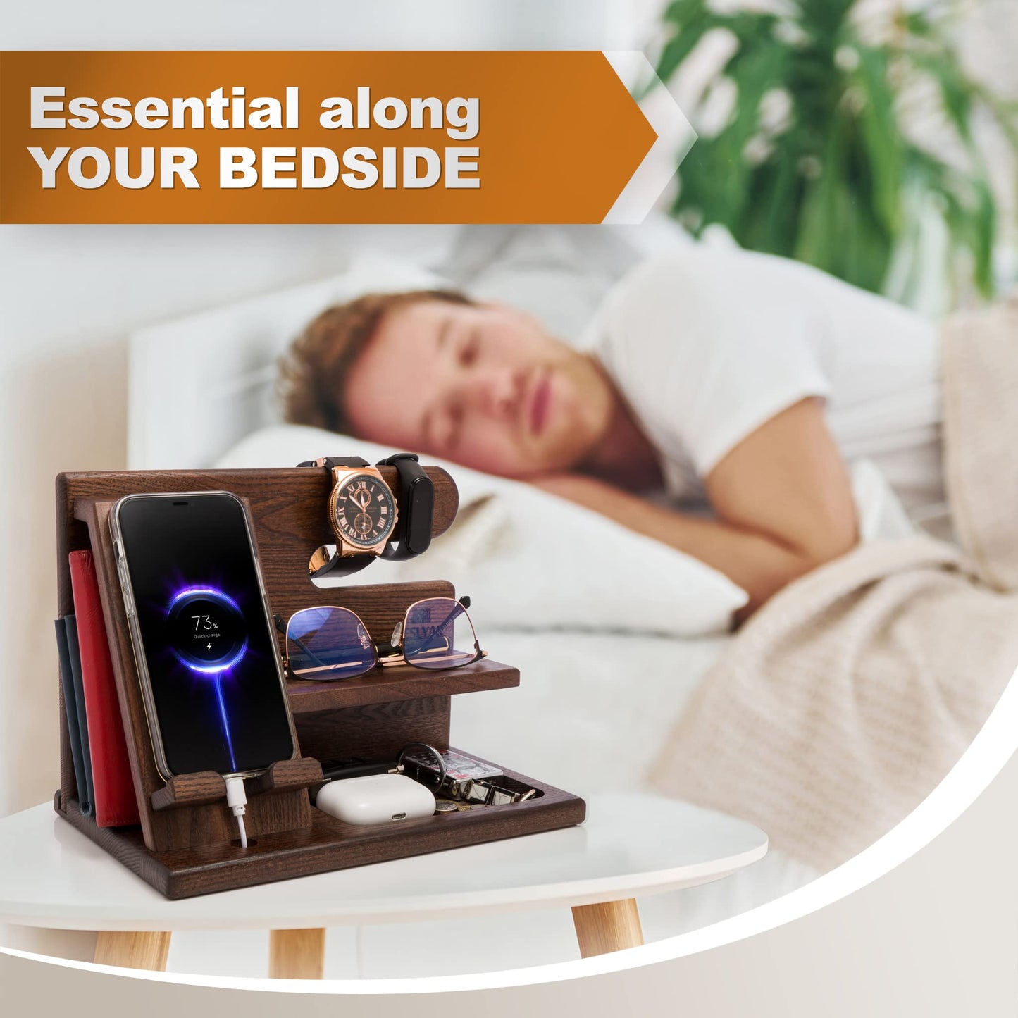 TESLYAR Wood Phone Docking Station - Nightstand Organizer - Desk Organizer for Husband - Birthday Gifts for Men, Dad - Idea for Anniversary from Wife - Key Holder - Stand Wallet & Watch (Deep Brown)