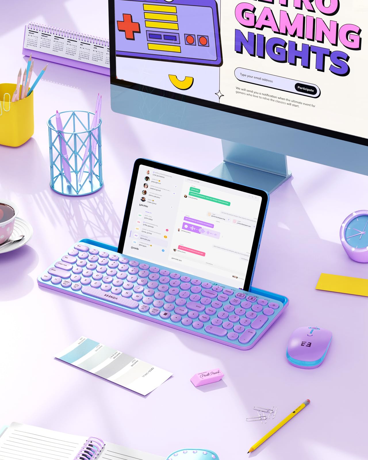 seenda Bluetooth Keyboard and Mouse for iPad, Multi-Device Bluetooth + 2.4G Wireless Keyboard Mouse with Tablet Holder for MacBook/Windows Computer, iOS/Andriod Tablet Phone, Blue & Purple