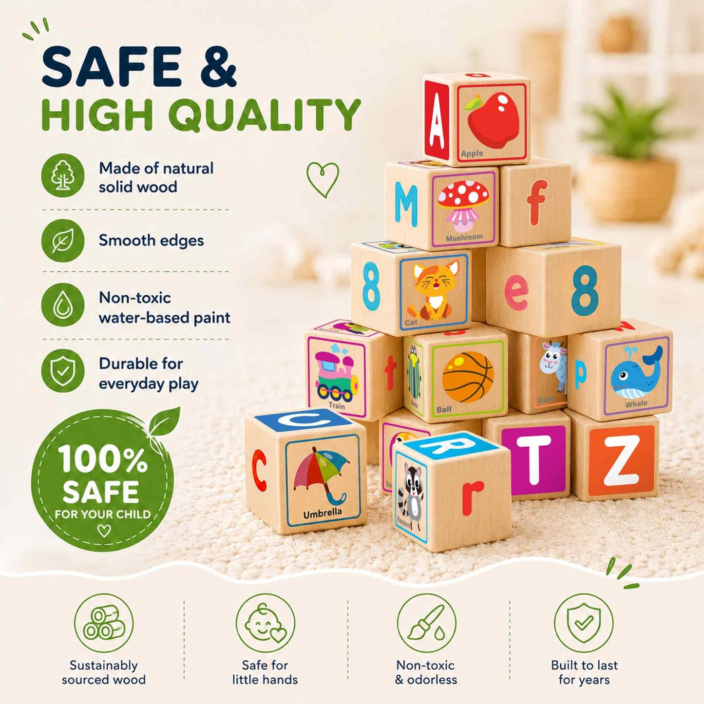QUOKKA Wooden Blocks for Toddlers 1-3 - 26 ABC Learning Baby Blocks for Kids 3-5 Year Olds Stacking Alphabet Wood Toys 2-4 yo - Educational with Letters Numbers