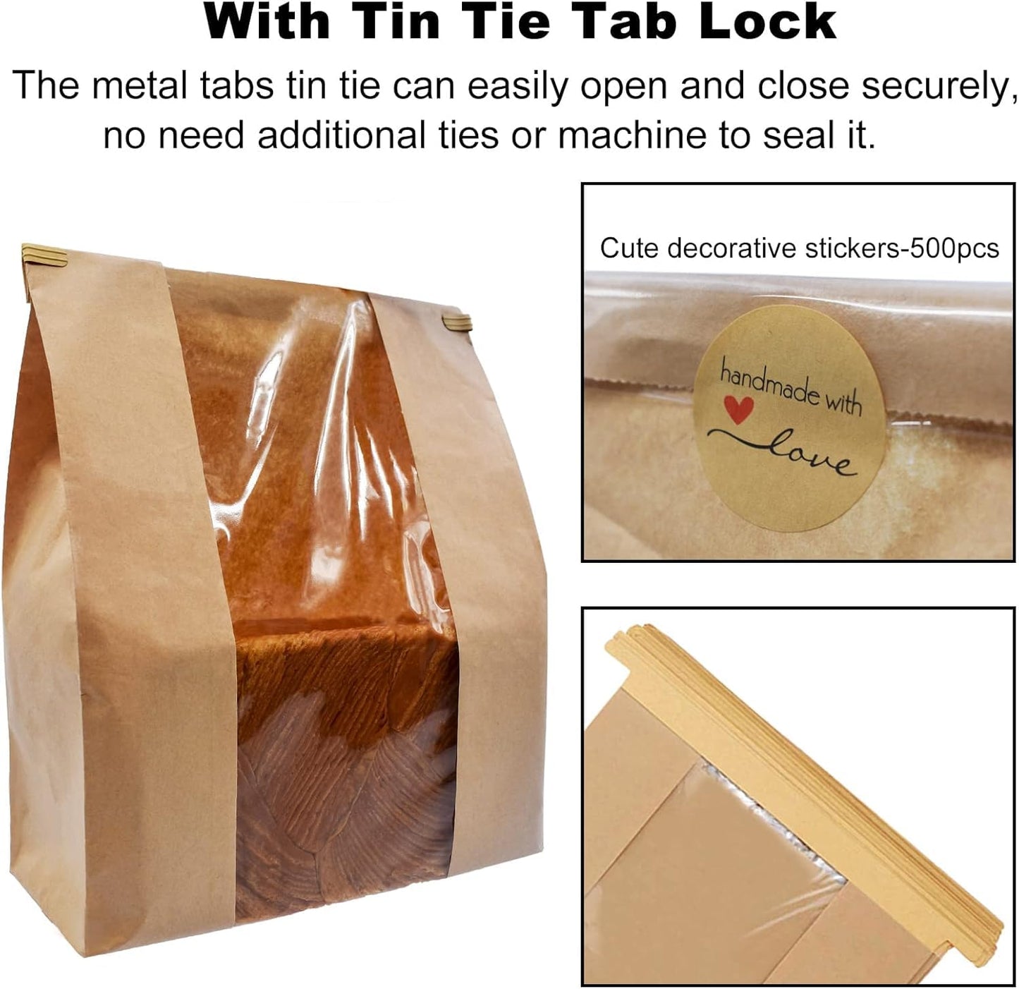 NOONEAST 200 Pack Large Paper Bread Bags for Homemade Bread Sourdough Bags 14" x 8.3" x 3.5" with Tin Tie Tab Lock Clear Front Window Bakery Bag Packaging Cookie Bag with Label Seal Stickers