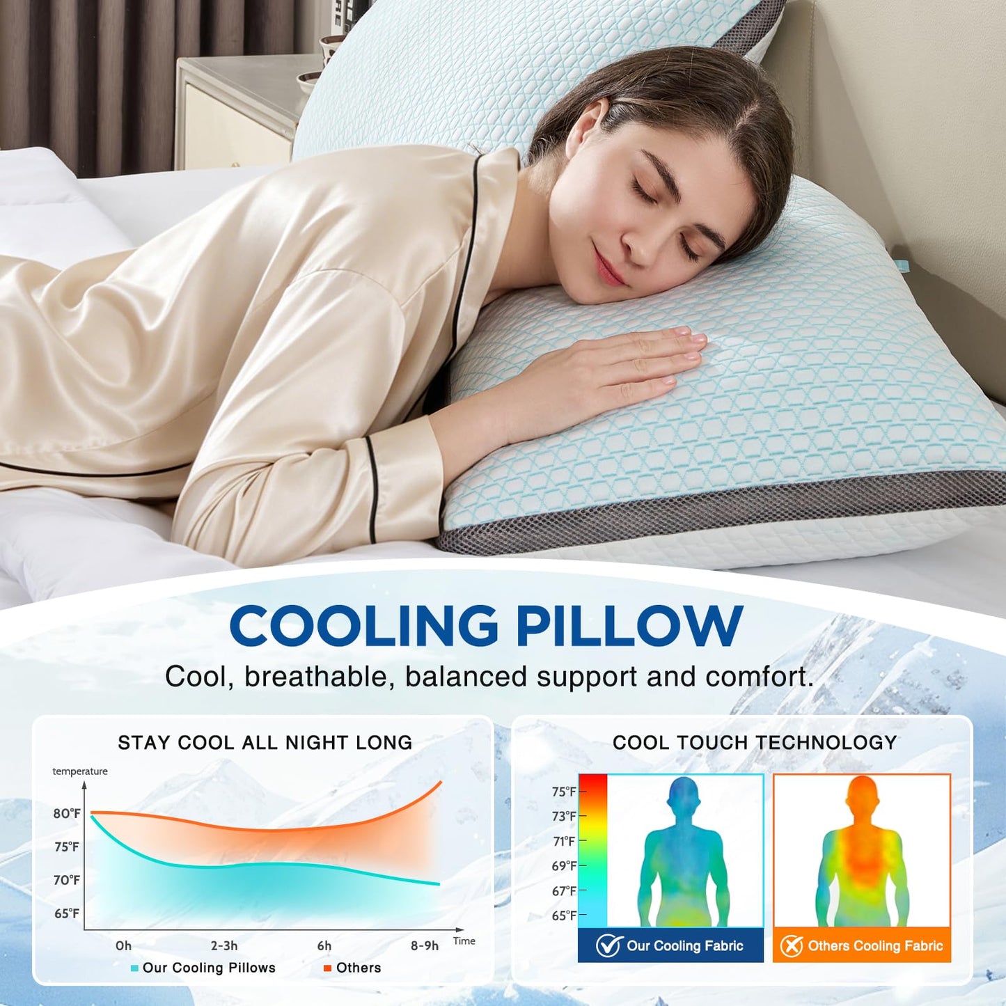 Baskbed Cooling Pillows Queen Size Set of 2, Shredded Memory Foam Pillows 2 Pack, Bed Pillow for Hot Sleepers Adjustable Firm Pillow for Side, Back and Stomach Sleepers, Machine Washable