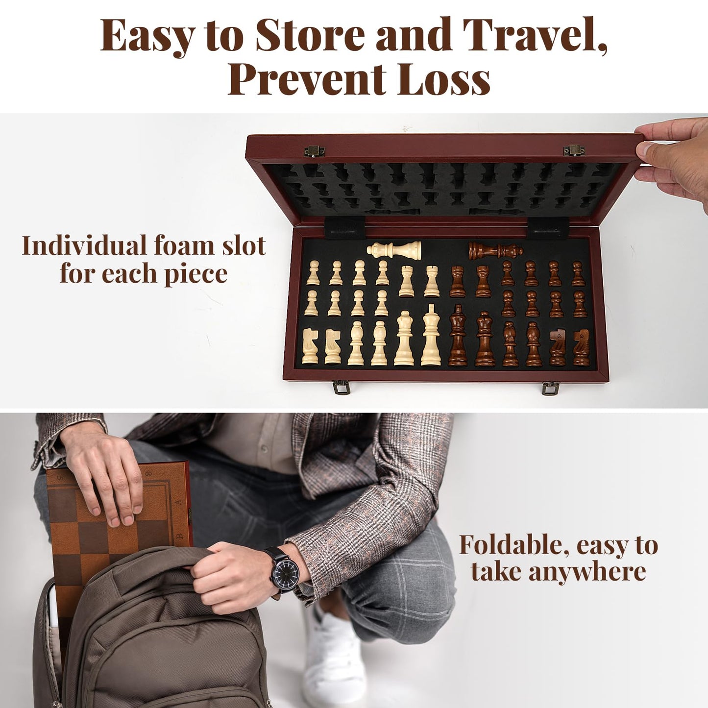 Strong Magnetic Chess Set for Adults & Kids, 15.4" Leather Chess Board & Handcrafted Wooden Chess Pieces with Storage Slots, Portable Travel Chess Game for Beginner and Professional