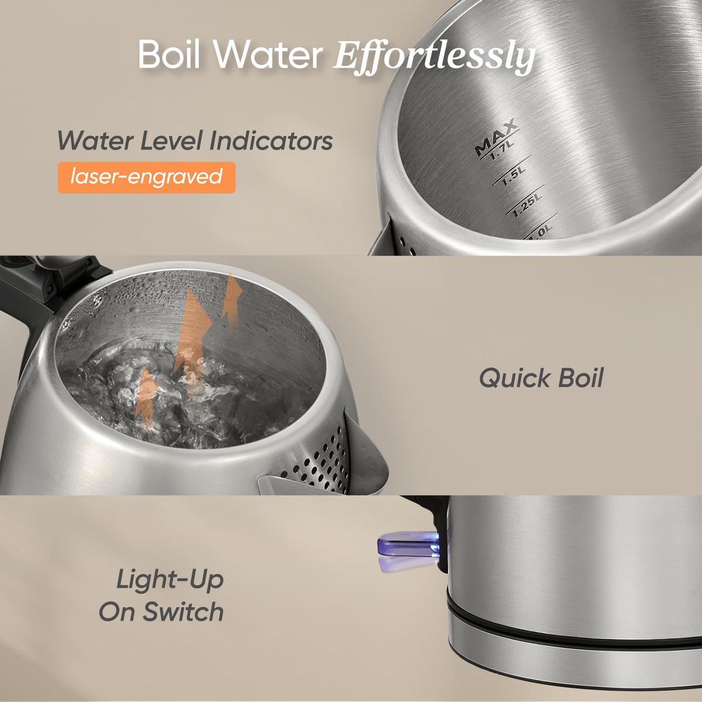 Cosori Electric Kettle, Plastic-Free Interior, Easy to Clean, Automatic Shut Off & Boil-Dry Protection, Stainless Steel Tea Kettle, Hot Water Boiler & Heater, 1.7L, 1500W