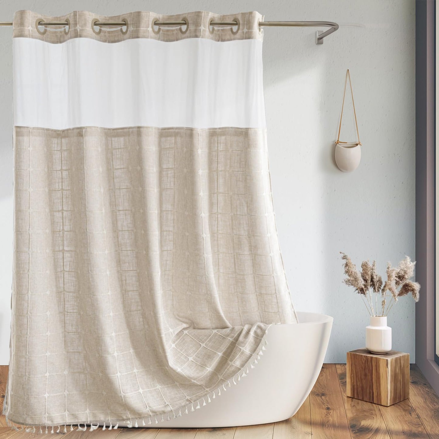 Farmhouse Shower Curtain with Snap-in Liner,No Hooks Needed, Fabric Shower Curtains with Tassels for Rustic Bathroom Decor,with Window,with Magnets,Water Repellent&Machine Washable,Linen,71x80Inch