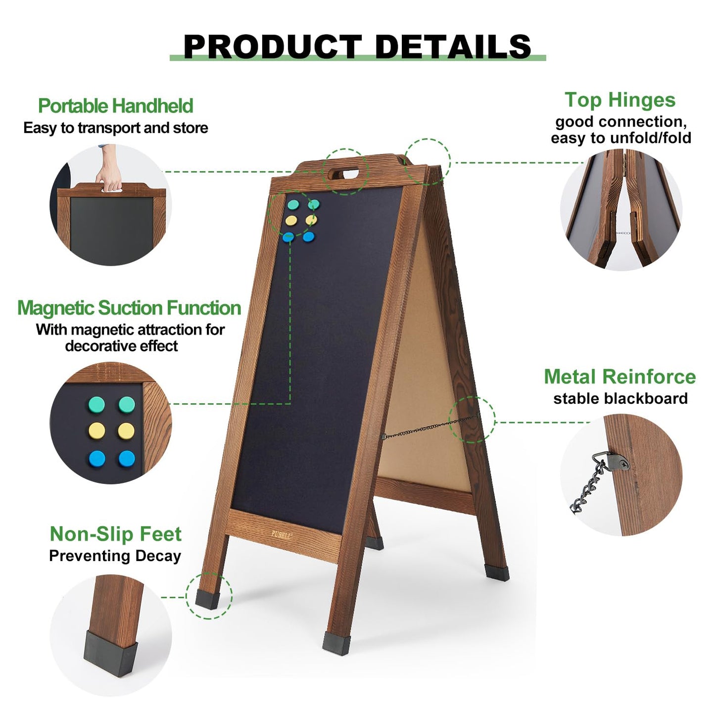 Magnetic Sandwich Board Sign - 40 x 20 Inches Brown Large Wooden A-Frame Chalkboard, Double-Sided Outdoor Easel Display for Sidewalk, Restaurant, Cafe, Shop, Wedding, Party or Business
