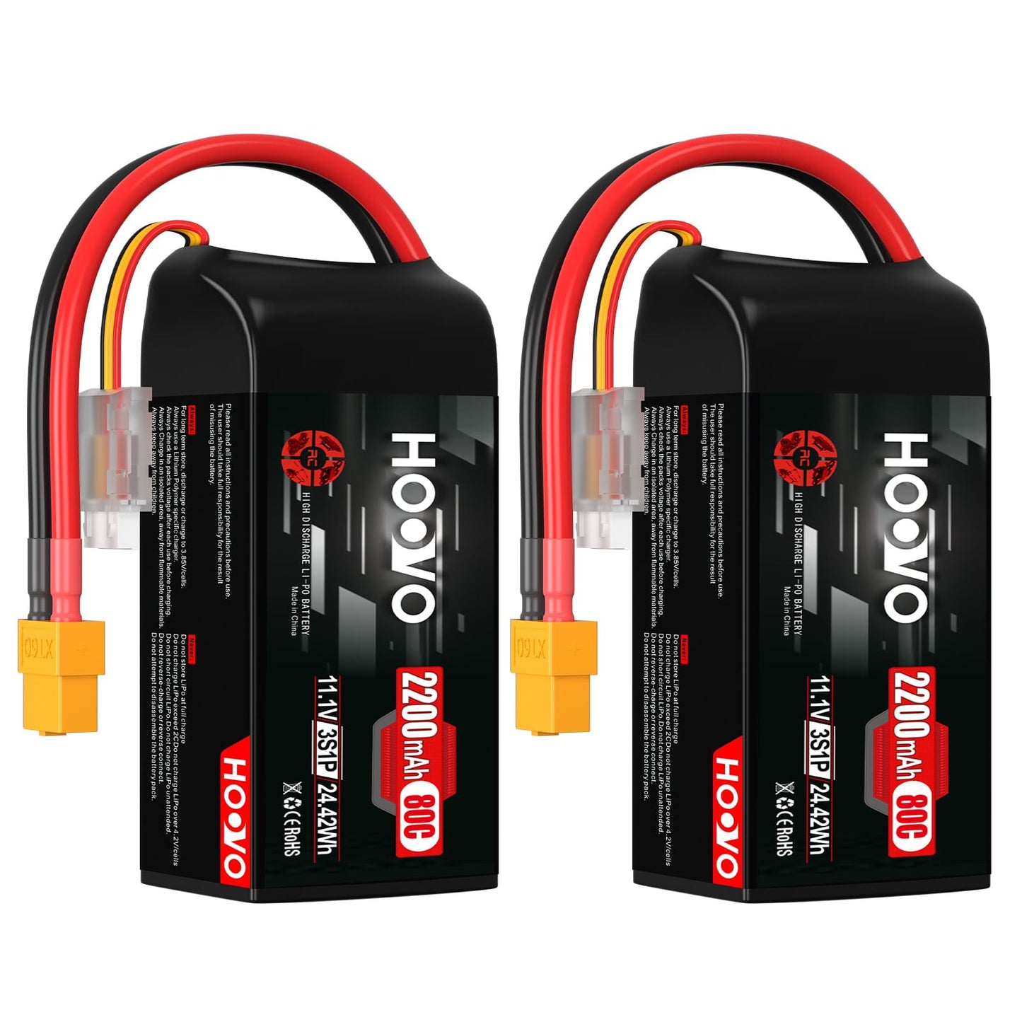 HOOVO 3S Lipo Battery, 2200mAh 80C 11.1V Shorty Lipo Battery Pack, Softcase with XT60 Connector Compatible with Drone RC Airplane Helicopter Quadcopter FPV RC Car,2 Pack