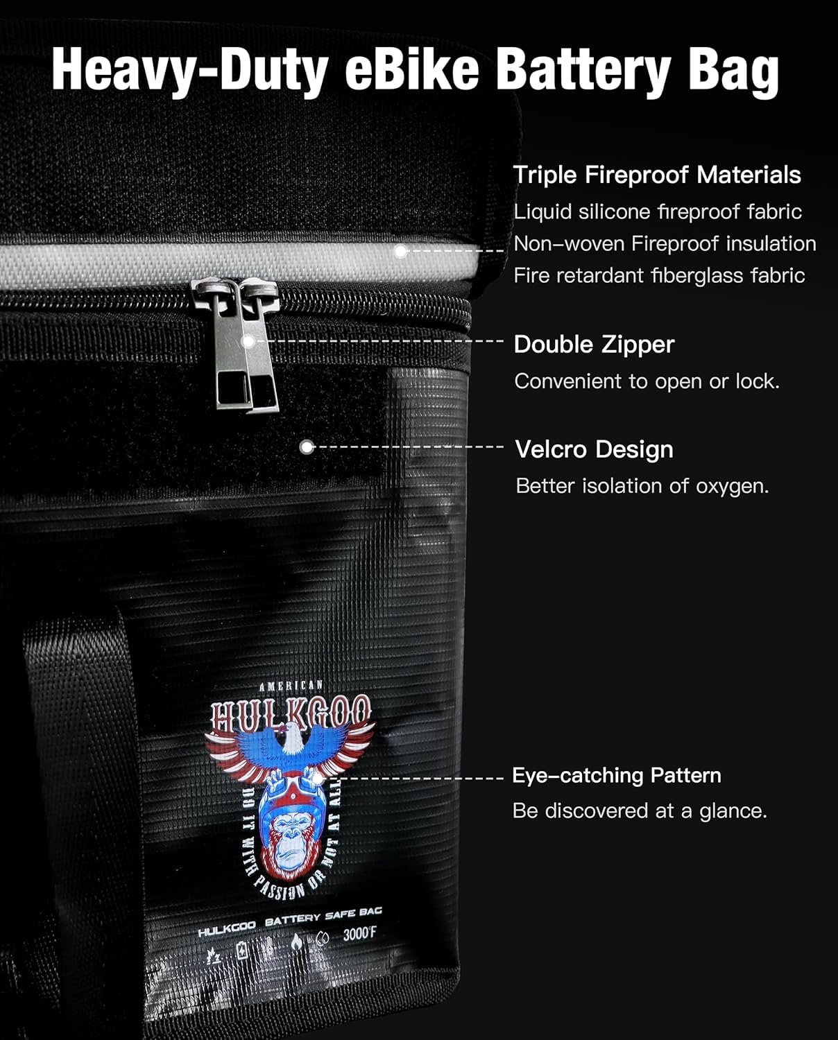 HulkGoo Ebike Battery Bag Fireproof Battery Safe Bag Explosion-Proof Waterproof Lipo Battery Storage Box Lithium Battery Guard Safe Case(19.3 * 4.3 * 7inch), 2-Pack