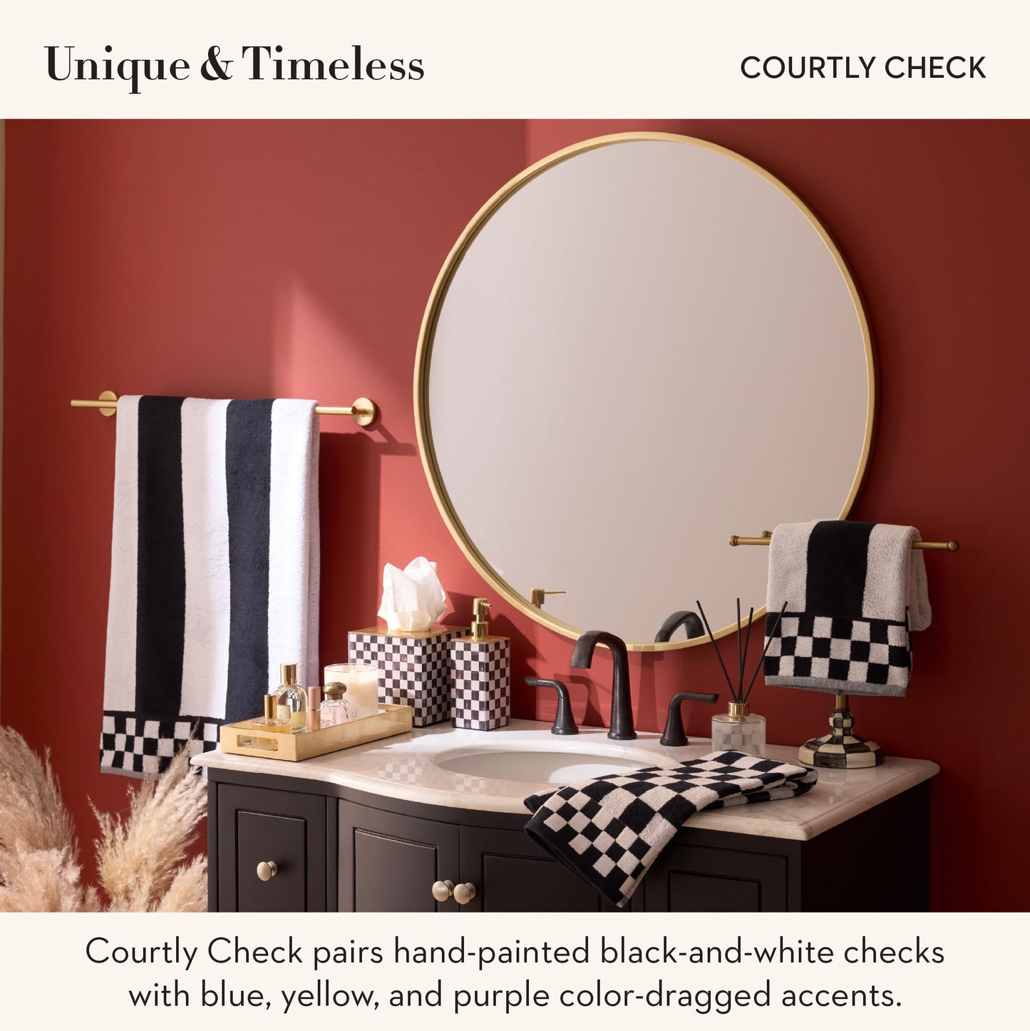 MACKENZIE-CHILDS Glass Soap Pump, Liquid Soap Dispenser, Black-and-White Courtly Check