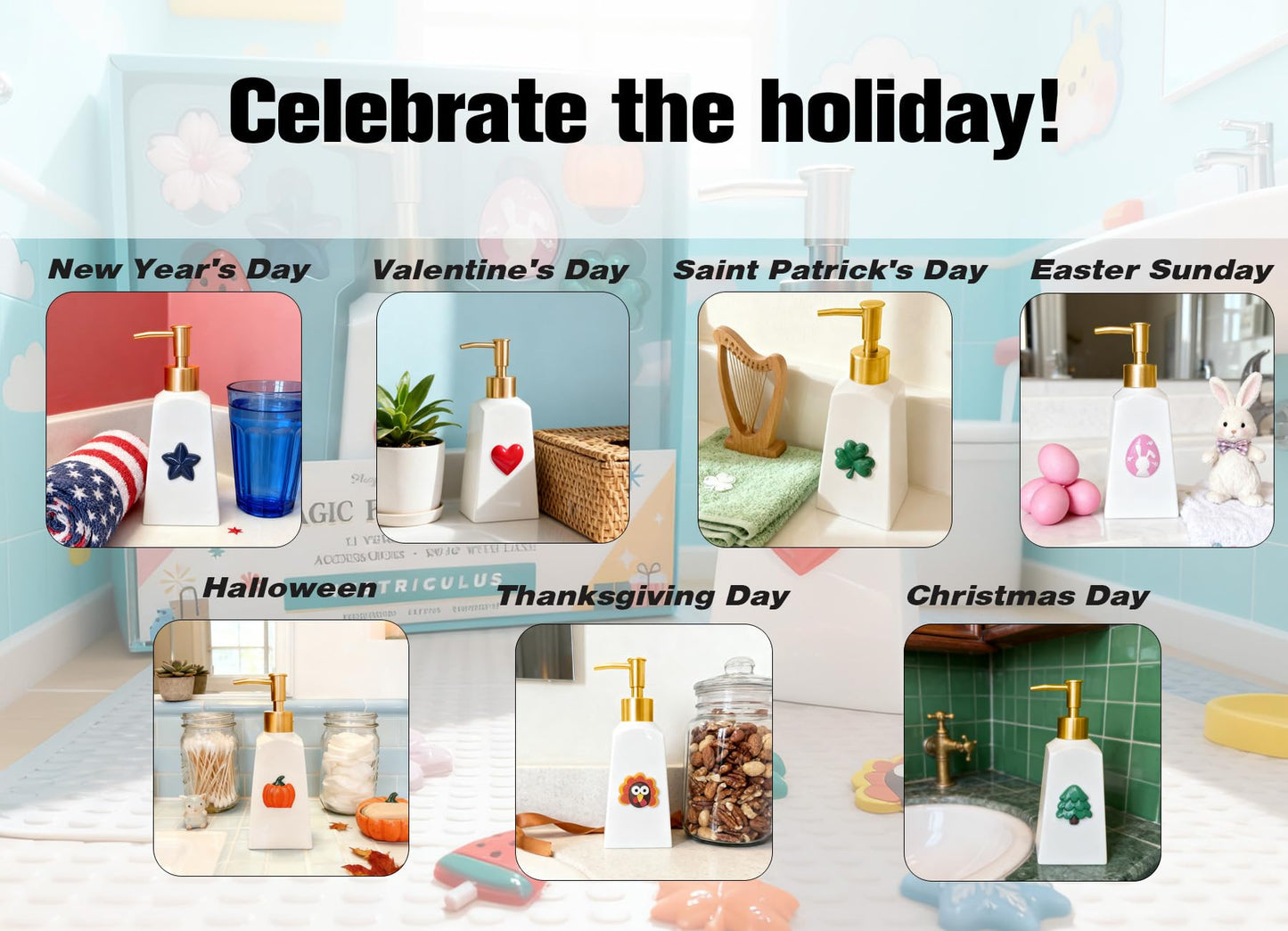 Nestriculus Seasonal Soap Dispenser with 11 Interchangeable Magnets - Seasonal Decor - Farmhouse Bathroom Kitchen Decor (Resin,Built in Magnet) - 8.82oz (Gold)