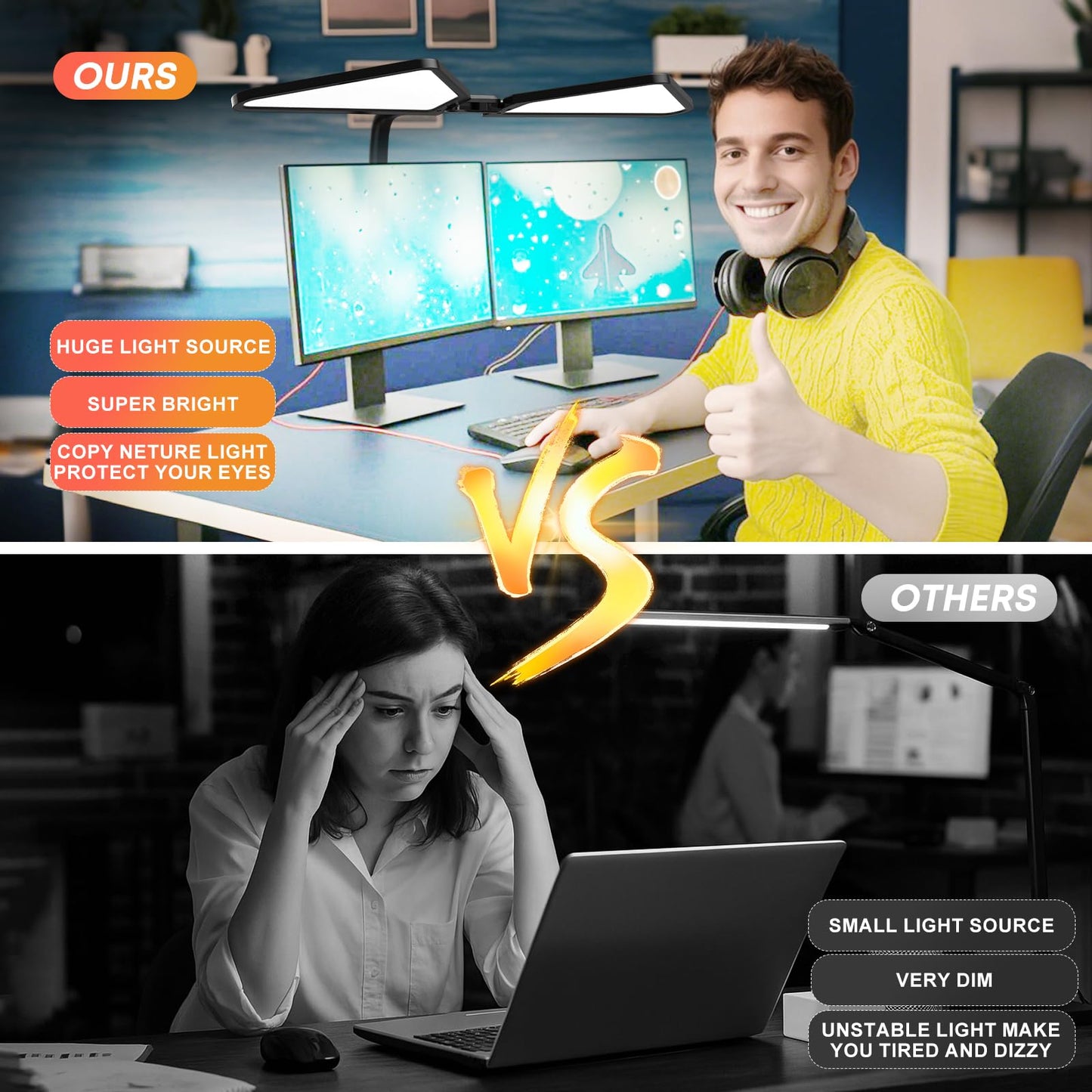 Ultra-Large Dual-Source Clamp-On Gooseneck Desk Lamp | 5000 Lumen LED Study Light with Flexible Arms, 5 Brightness & 4 Color Modes for Home Office/Reading/Gift