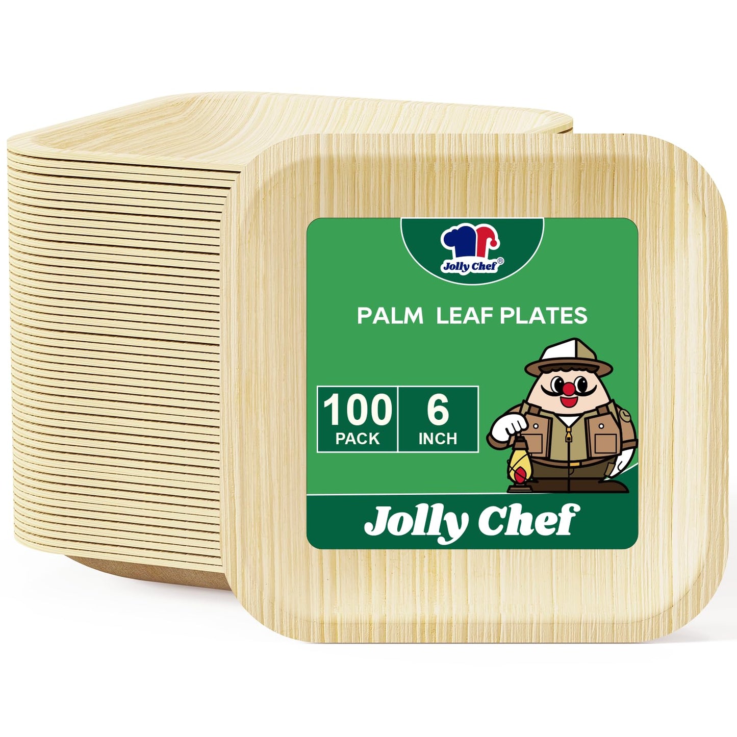 JOLLY CHEF Palm Leaf Plates, 6 Inch 100 Pack Bulk Disposable Like Bamboo Square Plates, Party Compostable Ideal for Dinner, Wedding, Party