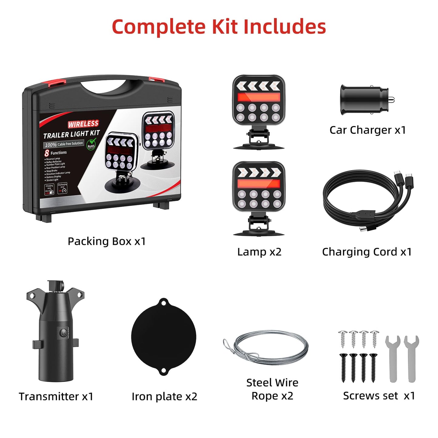 Wireless Trailer Lights Magnetic, Rechargeable LED Tail Lights with 2.4GHz Wireless Signal, Adjustable Magnetic Tow Light for Trucks, Boats, RVs, Campers, IP67 Waterproof Trailer Light Kit