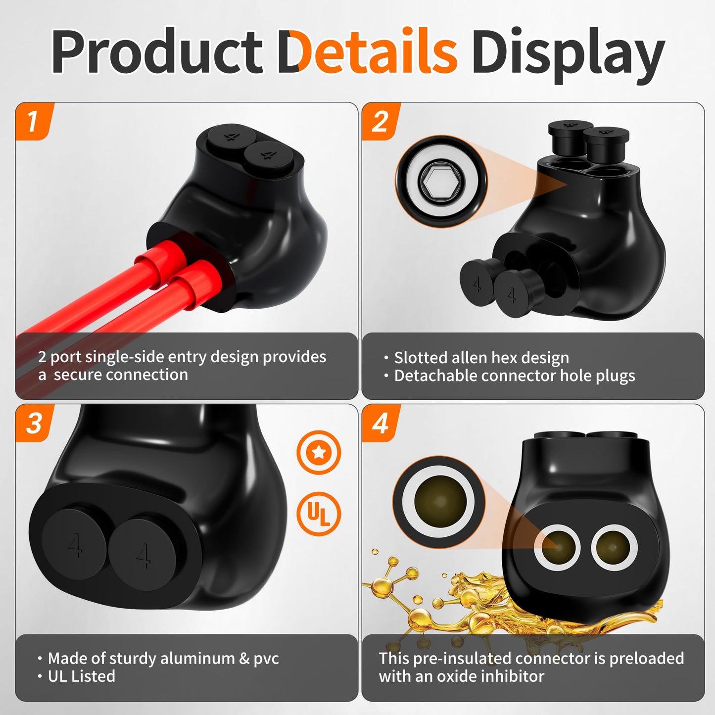 Joinfworld 2 Port Insulated Multi Tap Connector Aluminum to Copper Wire Connectors 4-14AWG Single Side Entry Aluminum Black Electrical Cable Connectors with Slotted Allen Hex - 10 Pack