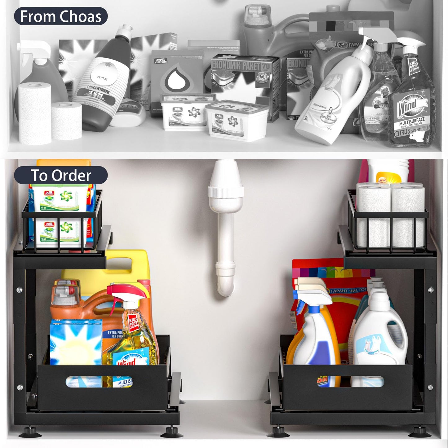 Saydear Under Sink Organizer, 2-Tier Premium Metal Pull-Out Racks with Adjustable Height, Heavy Duty Sliding Bin for Bathroom and Kitchen Cabinet Storage, Rust Resistant 2 Pack Black