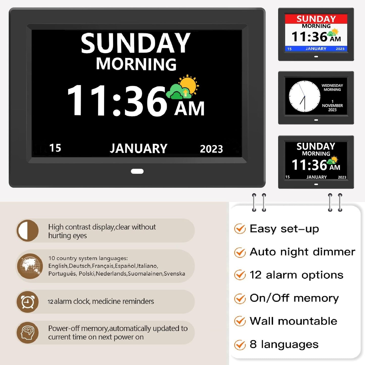LXBYJKJ 11 Inch Digital Clock with Day and Date for Elderly Alzheimer's Clock Customizable Alarms 3 Display Modes Large Font Alarm Clock for Seniors Auto DST