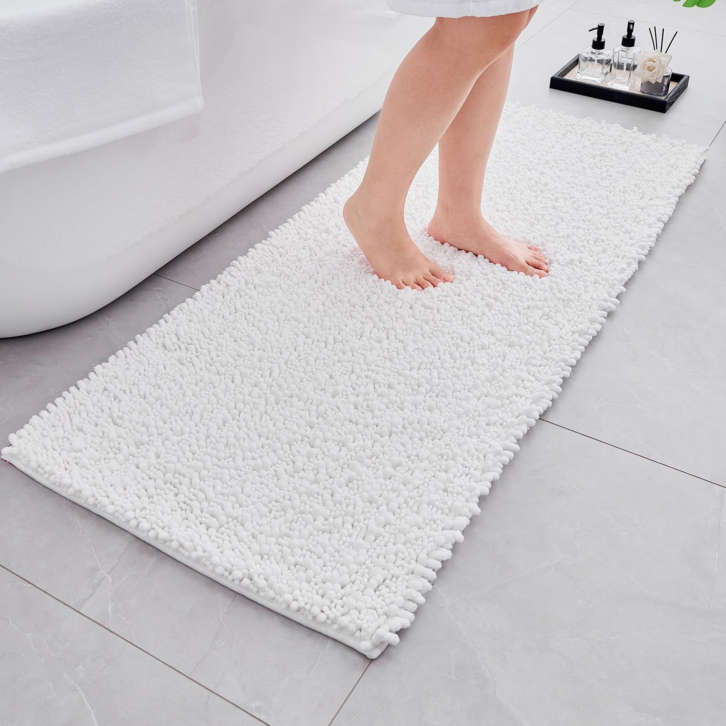 Ruggnovea Bathroom Rugs Non Slip Washable 60x24, Extra Thick Soft Chenille Absorbent Bath Mat, High Density Barrier Non Slip Backing, Quick Dry Plush Shaggy Floor Carpet for Tub&Shower, White