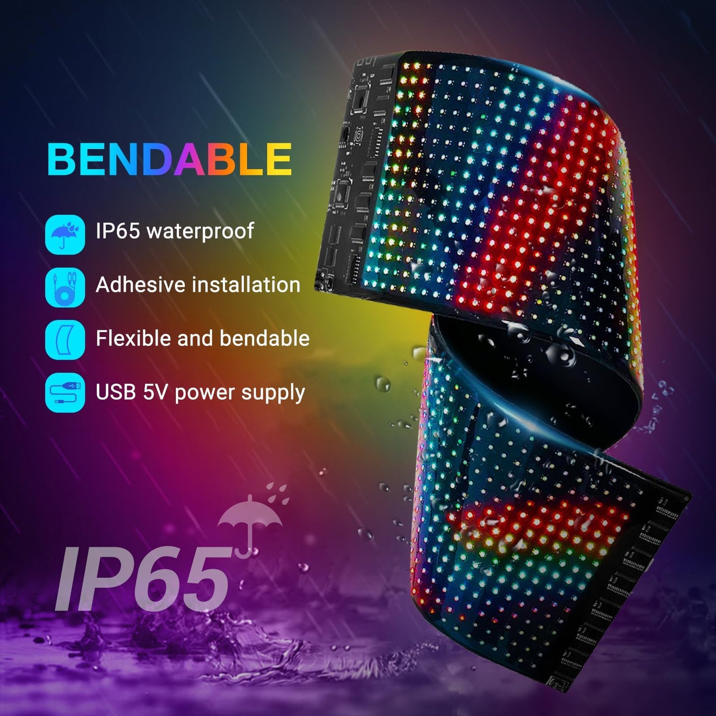 Programmable Scrolling Led Sign 15"x4" - 5V USB Operated Flexible Digital RGB Matrix Display Panel with Bluetooth App Control, Custom Text, Message Light Up Board for Car, Shop, Signage, Advertising