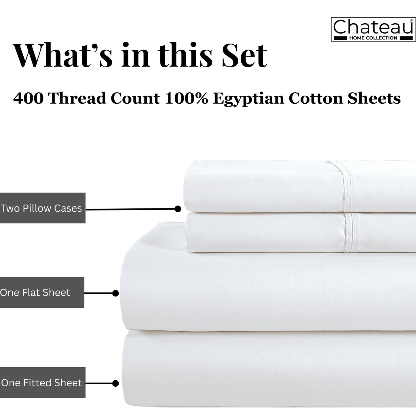 CHATEAU HOME COLLECTION Egyptian Cotton Sheets Queen Size Bed Set, 400 Thread Count Queen Sheet Set, Luxury Sateen Weave Bed Sheets with 15" Deep Pocket, Soft & Naturally Cooling White Bedding