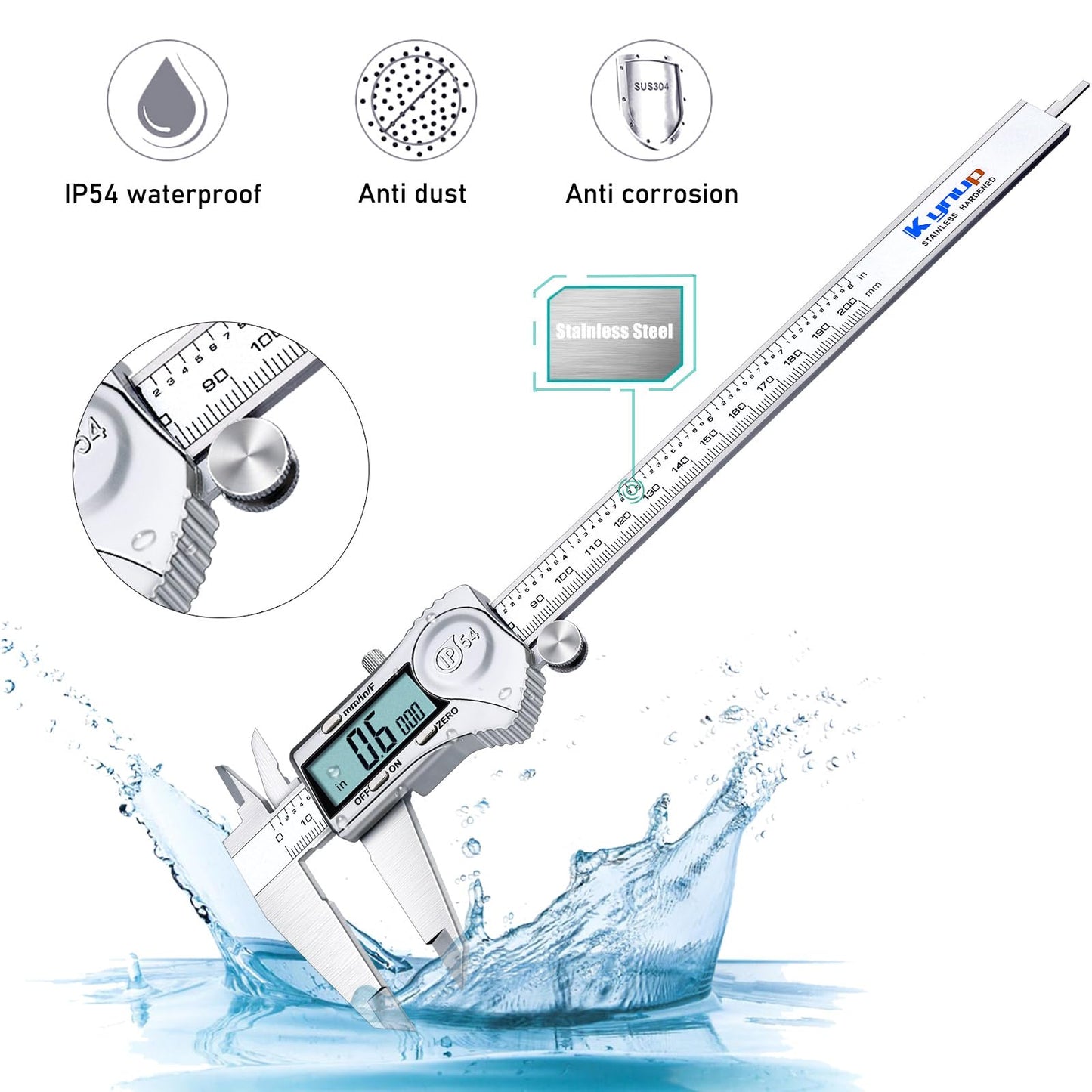 Kynup Digital Caliper, 8 Inch Caliper Measuring Tool with Stainless Steel, IP54 Splash Proof Protection Design, Easy Switch from Inch Metric Fraction, Large LCD Screen (200mm)
