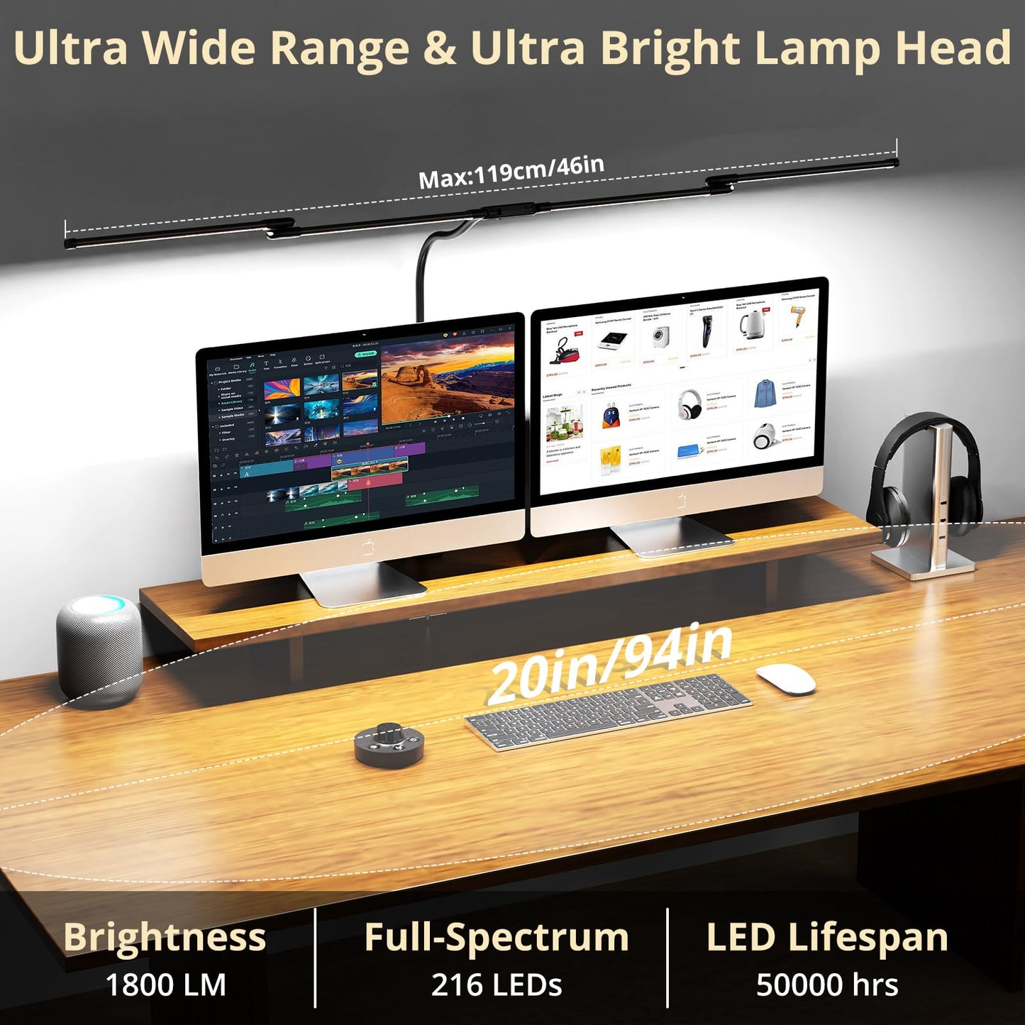 Aeropak Desk Lamp, Clamp Desks Lamps for Home Office, 24W Flexible Gooseneck Table Lamp, 10 Color Modes & Brightness Eye-Caring Desk Light w/USB Adapter (12V2A Black)