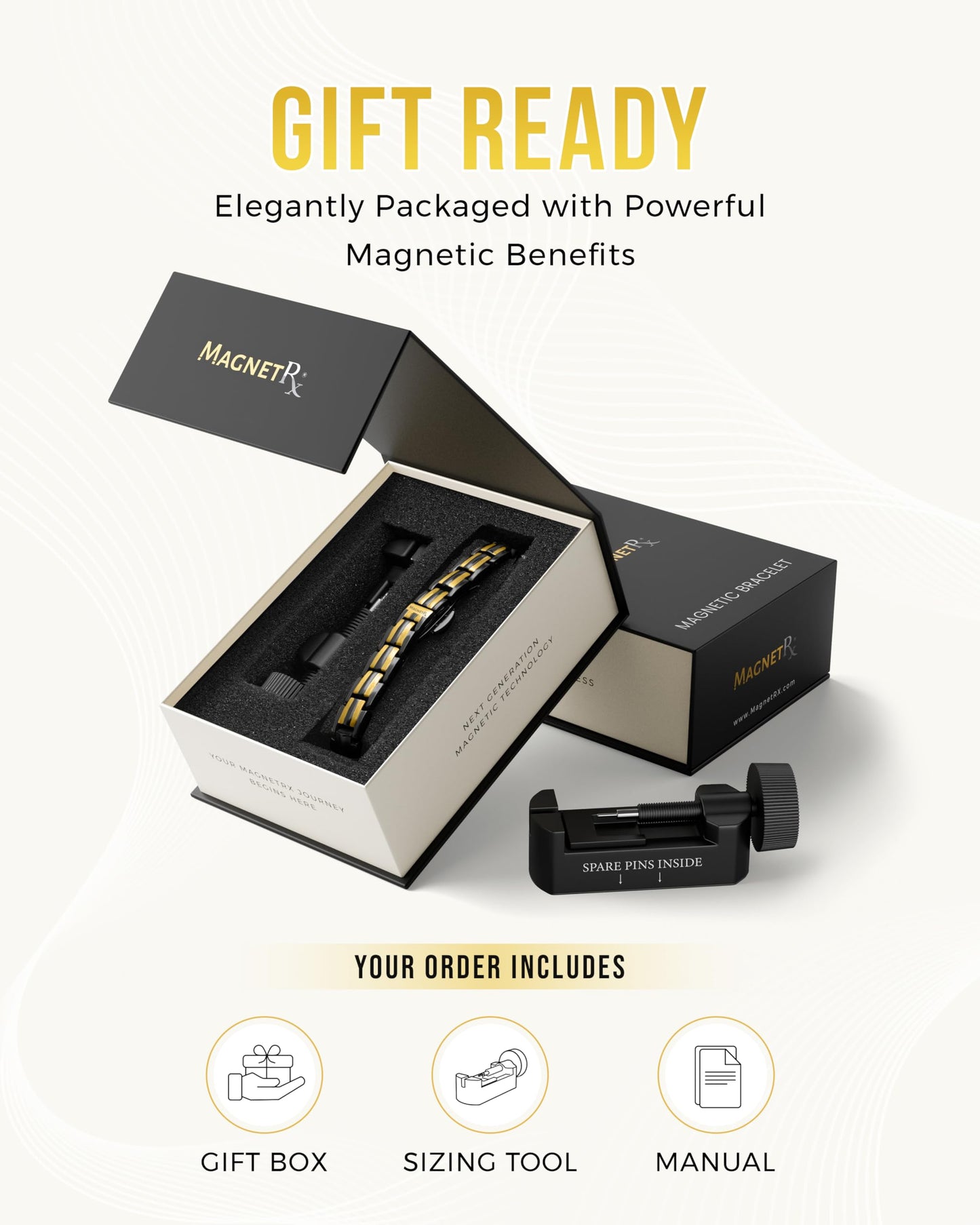 MagnetRX® Magnetic Bracelets for Women — EllipseMAX 5X Strength 5,000 Gauss Magnets — Designed in USA & PATENT PENDING — Premium Titanium Womens Magnetic Bracelet & Adjustable Length (Black/Gold)