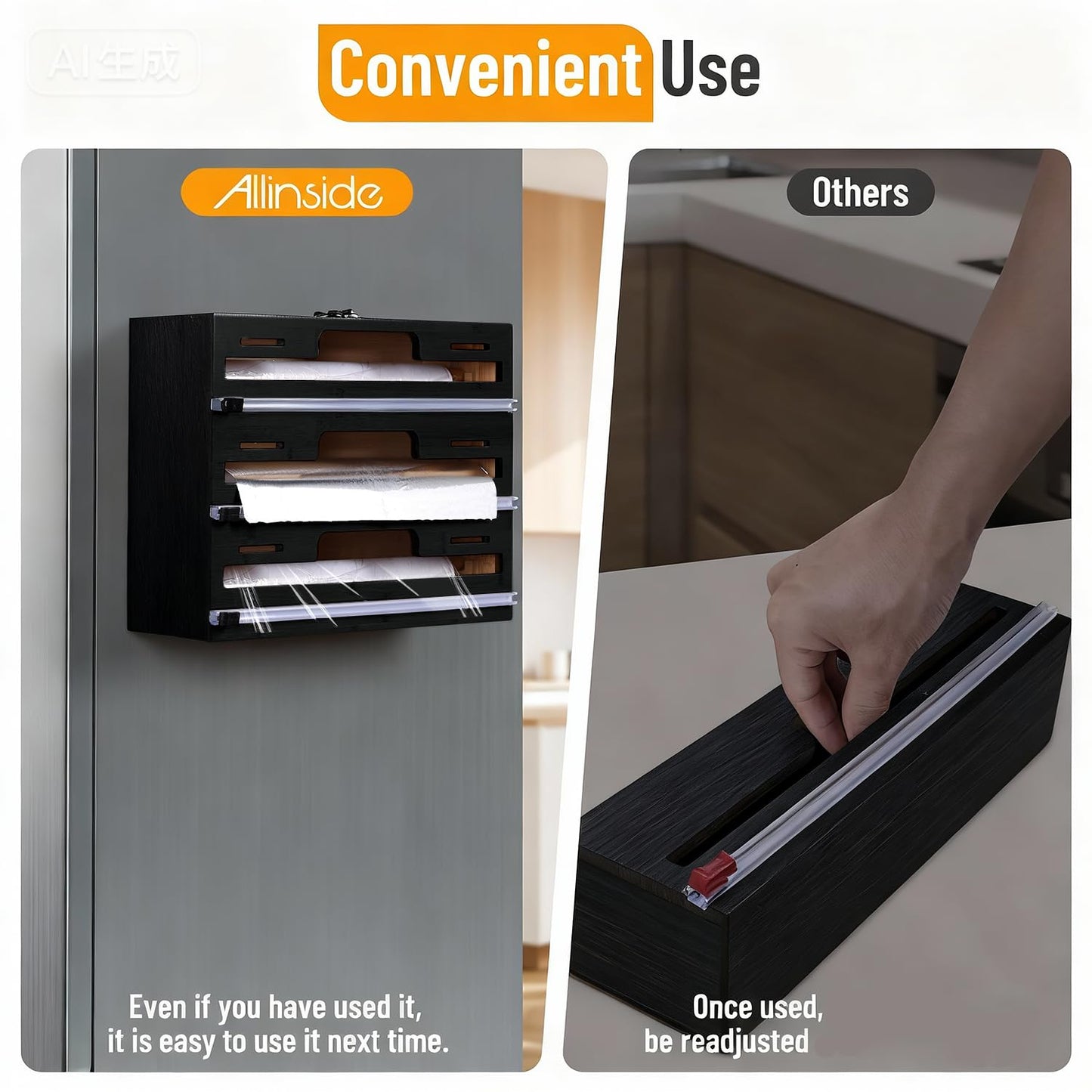 Allinside Magnetic Plastic Wrap Dispenser with Cutter, 3 in 1 Refrigerator Bamboo Wood Organizer for Tin Foil, Baking, Wax Paper Holder Kitchen Storage Box Compatible with 12.9" Roll, Black (3 Layer)
