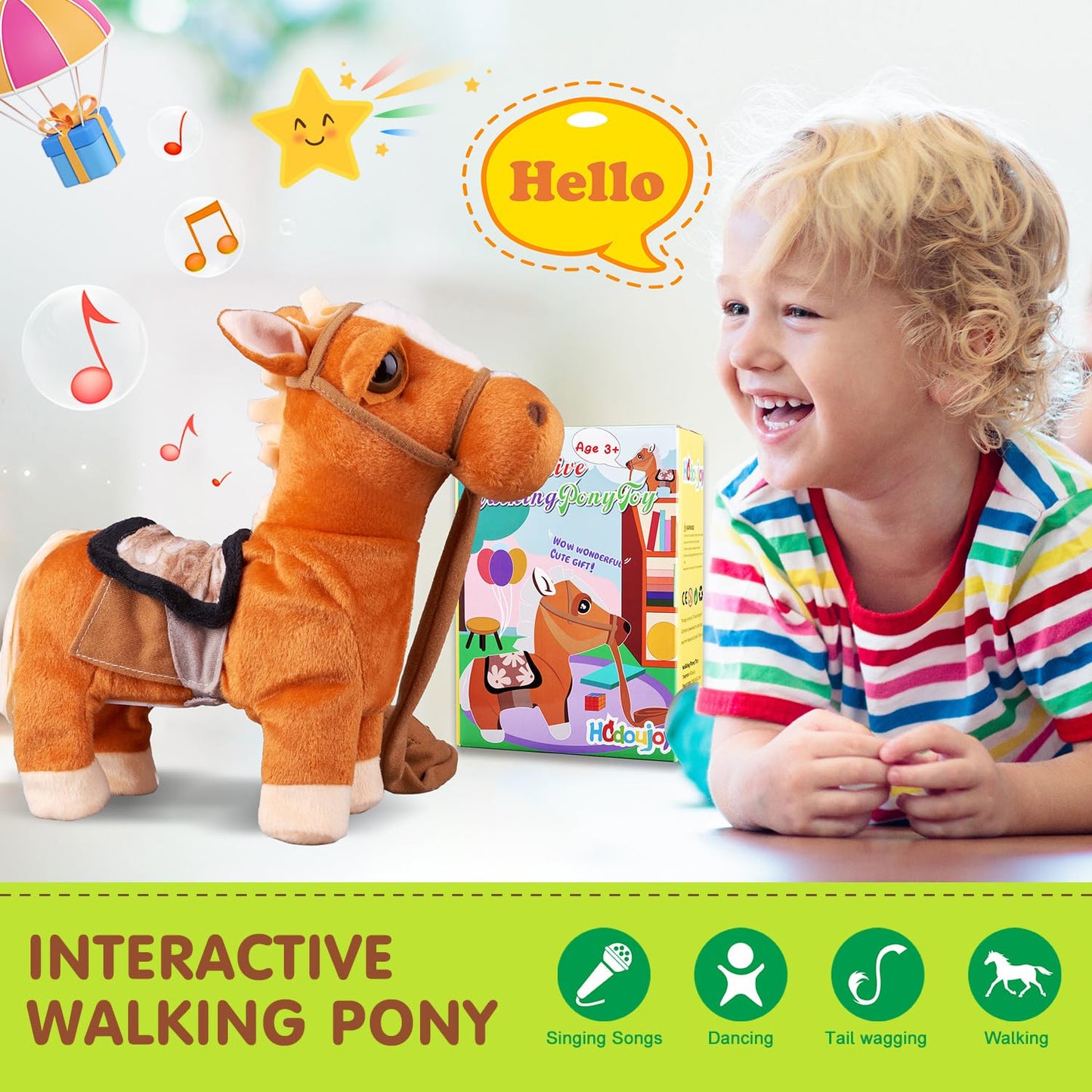 HCdoujoy Brown Walking Pony for Kids Plush Interactive Singing Dancing Musical Realistic Pet, Stuffed Animal Shaking Leash Horse Head Buttocks Toy for Boys Girls or Toddlers