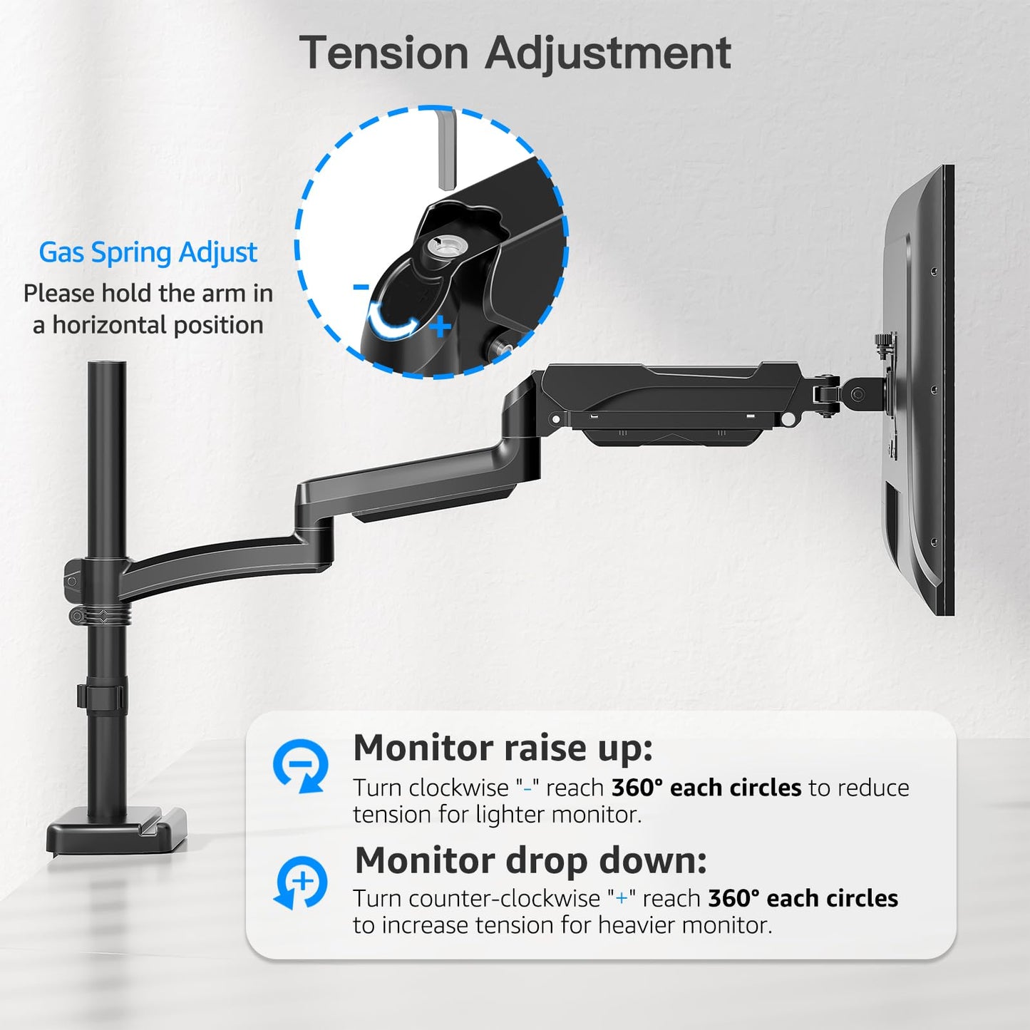 ErgoFocus Long Arm Monitor Mount, 13 to 32 inch Computer Desk Mount, Extra Long Adjustable Stand, Hold up to 19.8lbs, Tall Arm with Tilt, Swivel, Rotation, VESA 75/100mm