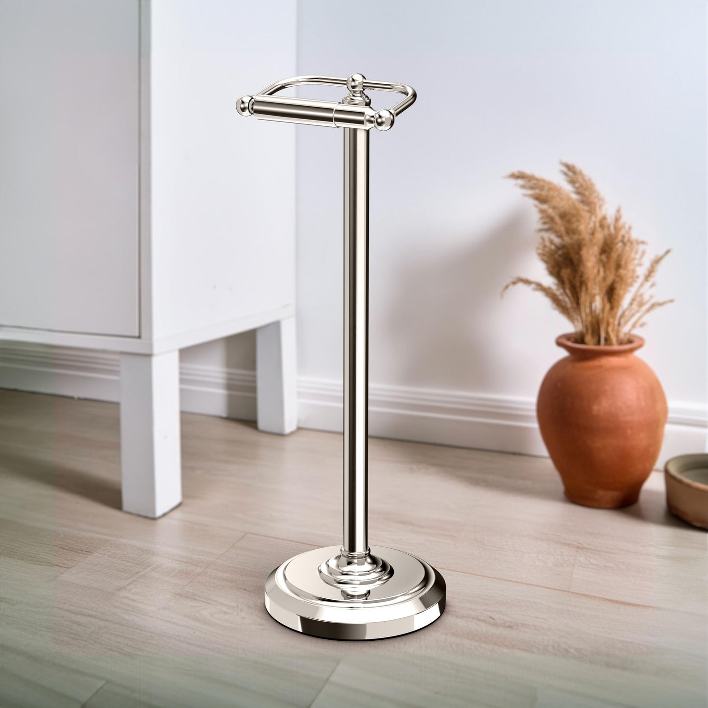 Gatco 1436PN Toilet Paper Holder Stand, Freestanding Floor Stand for Bathroom, Polished Nickel, Weighted Base, 22 Inch