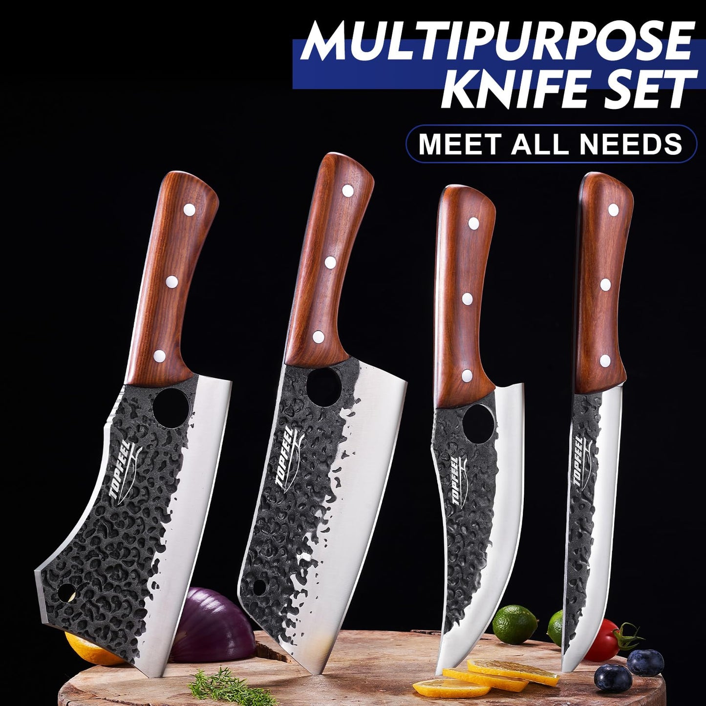 Topfeel 4PCS Meat Cleaver Set -Heavy Duty Bone Chopper & Meat Cleaver & Viking Knife & Slicing Knife, Chef Knives Set for Home Kitchen,Camping, BBQ Knives Gift for Men