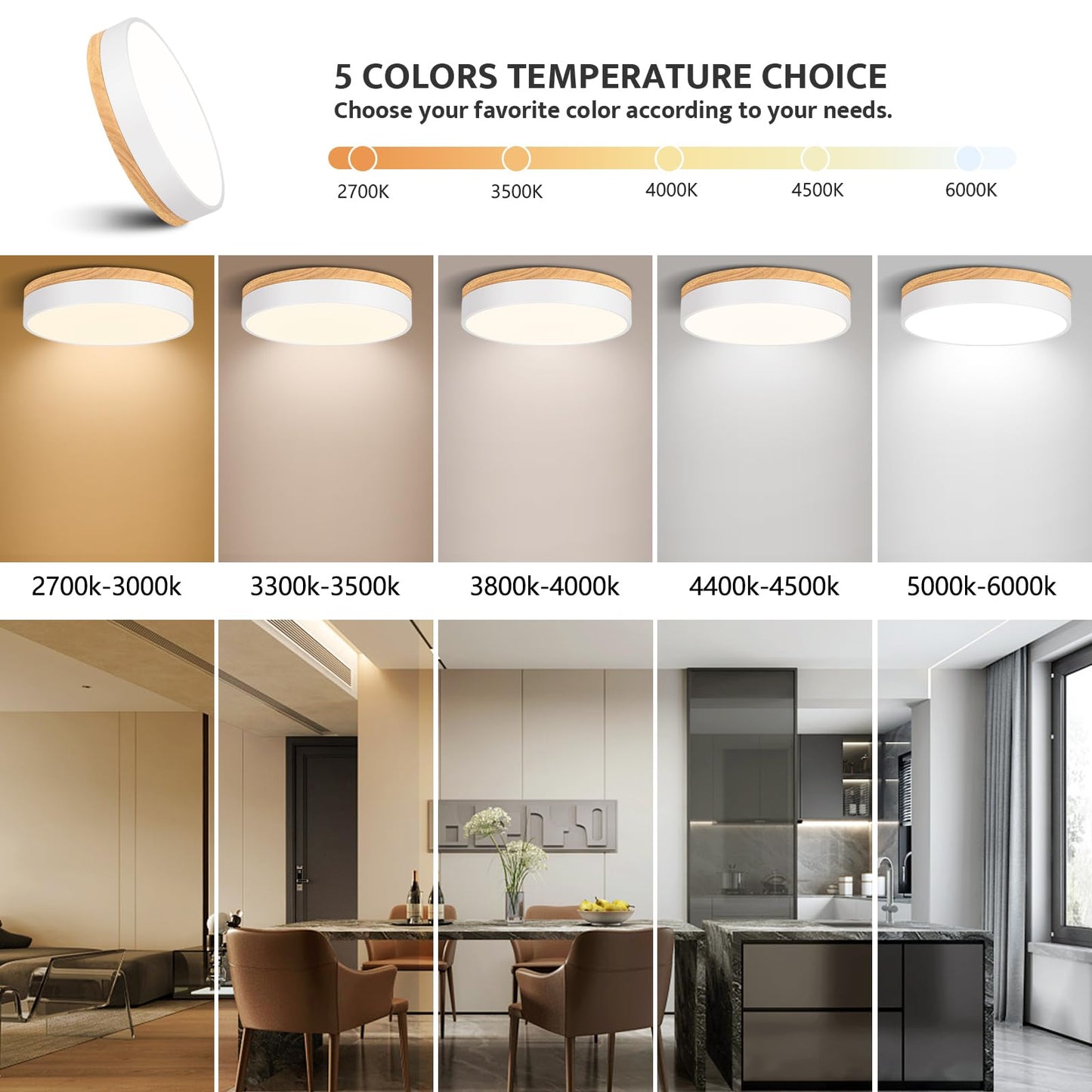 Dimmable Modern Wood Ceiling Light, White LED 5CCT 2700K-6000K Flush Mount Ceiling Lighting Fixture, Round Light Fixtures for Kitchen Entryway Hallway Bedroom Laundry Room-11.8in