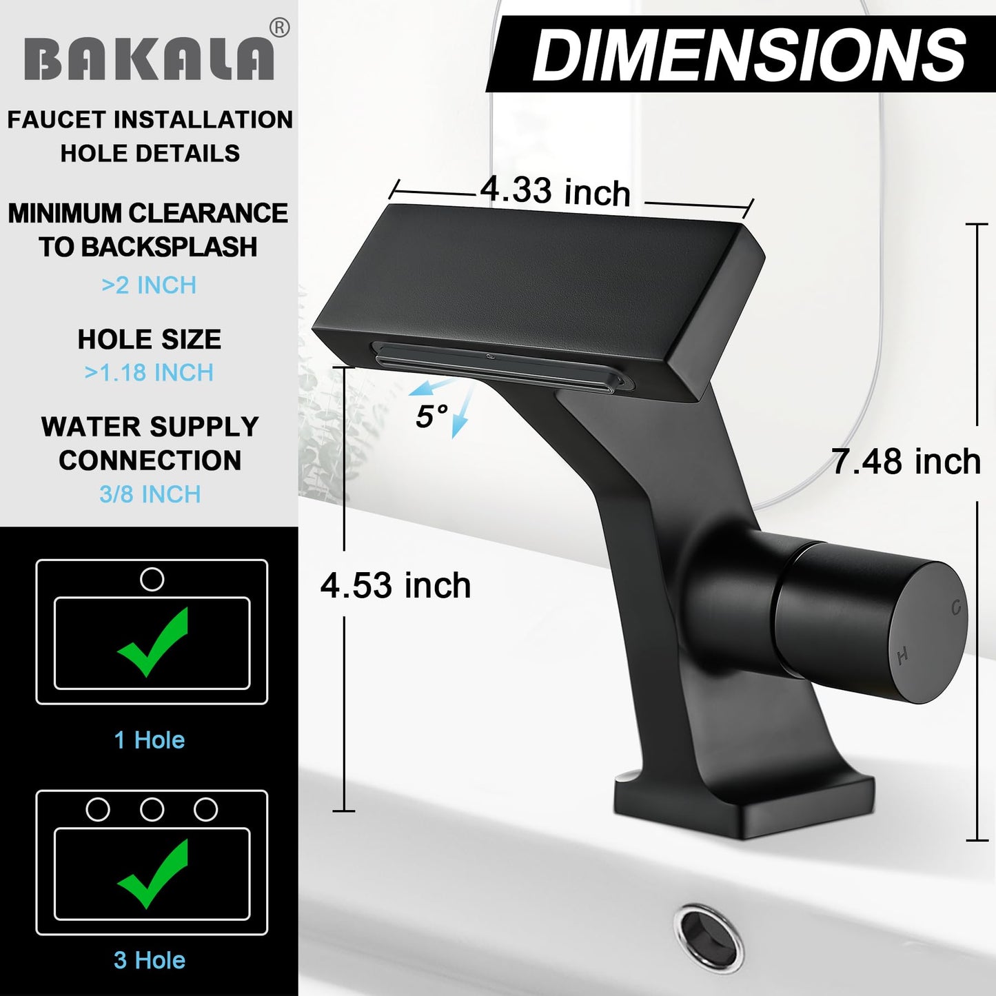 BAKALA Black Waterfall Bathroom Faucets, Single Hole Single Handle Brass Bathroom Sink Faucet Deck Mount, Rv Lavatory Vanity Faucet with 2 Supply Holes
