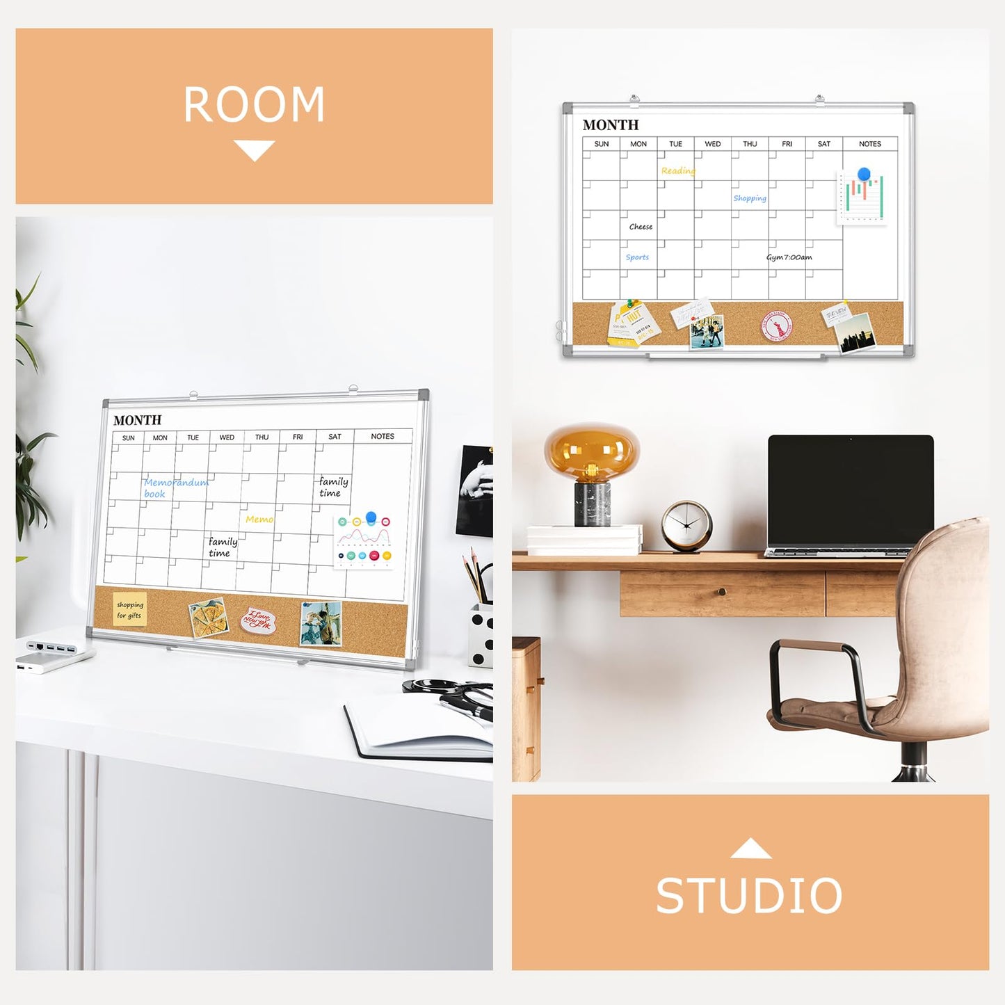 QUEENLINK Dry Erase Calendar Board for Wall, 24"x18" Magnetic Whiteboard Calendar Double-Sided Monthly White Board with Cork Board, Aluminum Frame Memo Message Board for Office, Home, School, Kitchen