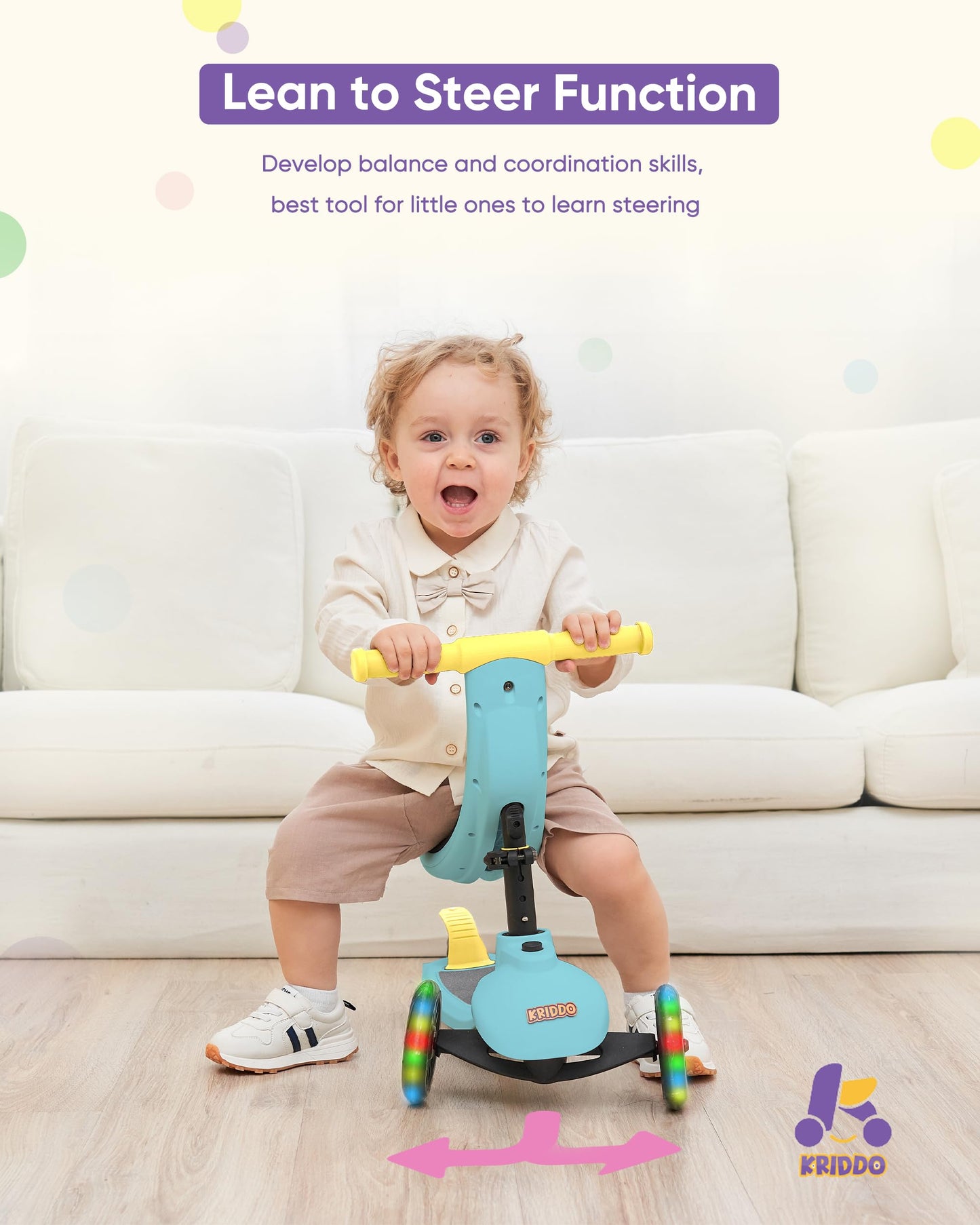 KRIDDO 5-in-1 Kids Kick Scooter, Lean-to-Steer, Toddler Toy Scooter with Adjustable Height, 3 Lighted Wheels, Ideal for Indoor & Outdoor, Gift for Kids Ages 1-5 Years, Blue