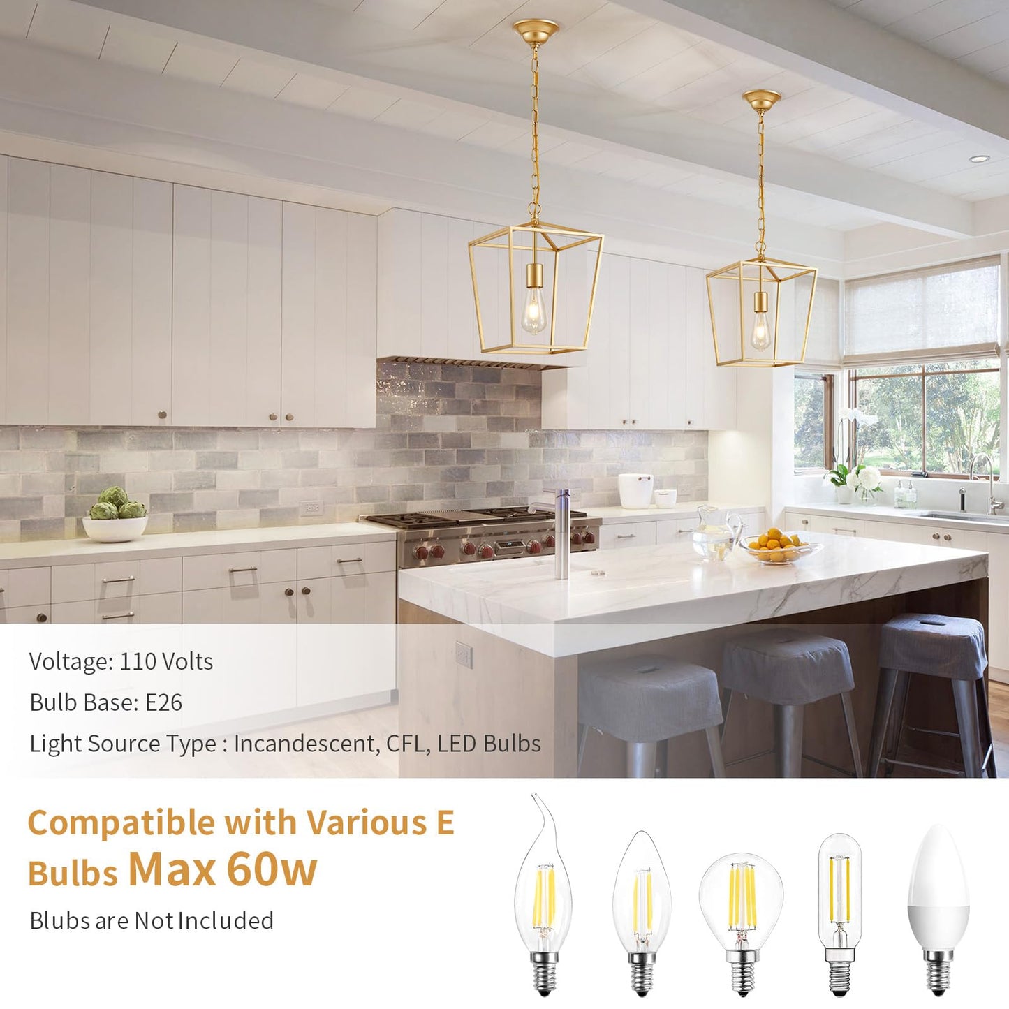 ANJIADENGSHI Lantern Pendant Light Lantern Iron Cage 1 E26 Bulbs Gold Chandelier for Dining Room Kitchen(Bulbs Not Included)