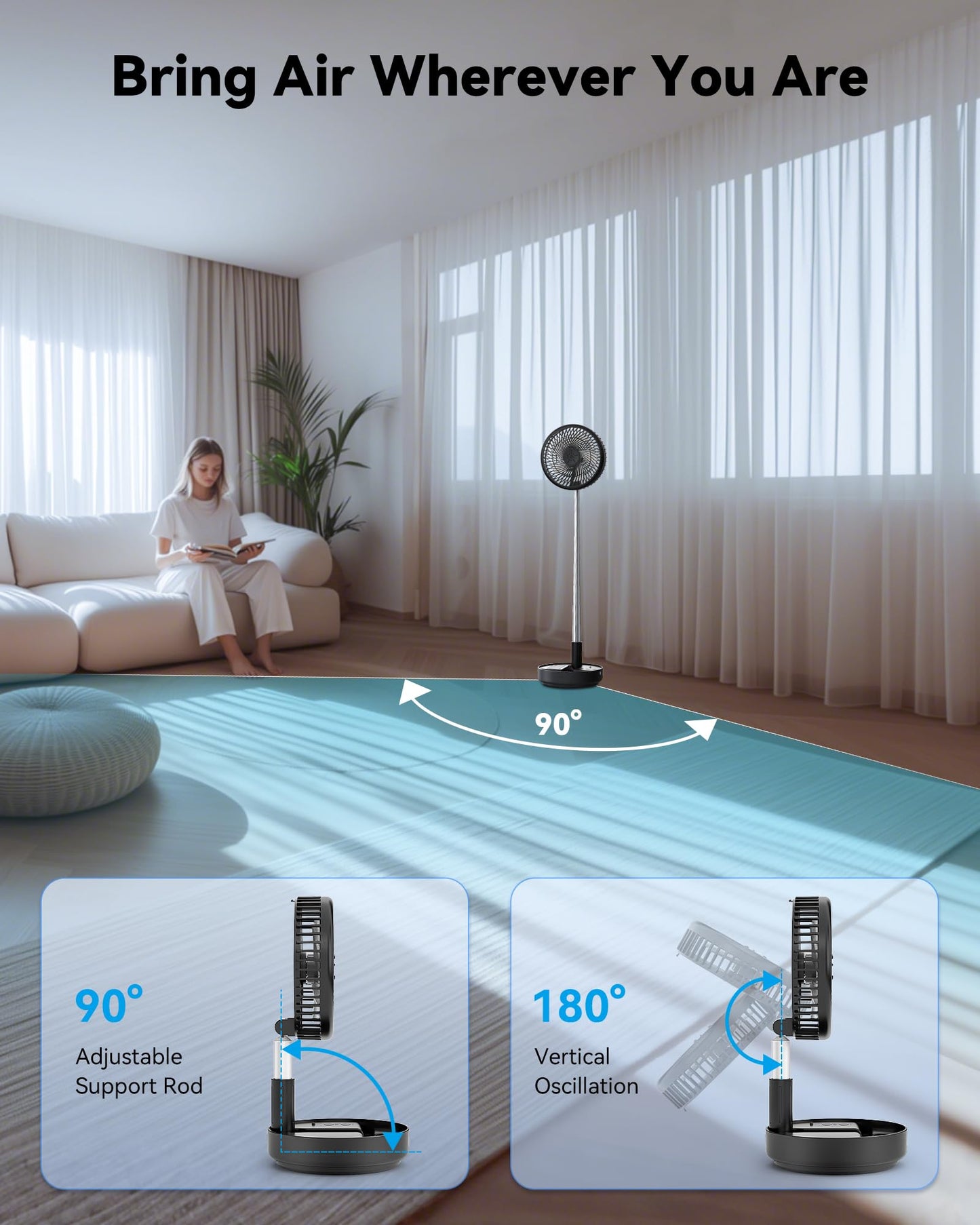 Primelove Portable Oscillating Travel Fan, 10400mAh Battery Operated Rechargeable USB Floor Table Desk Fan with Remote, 4 Speed Settings Pedestal Fan for Home Bedroom Office Camping, Black 8"