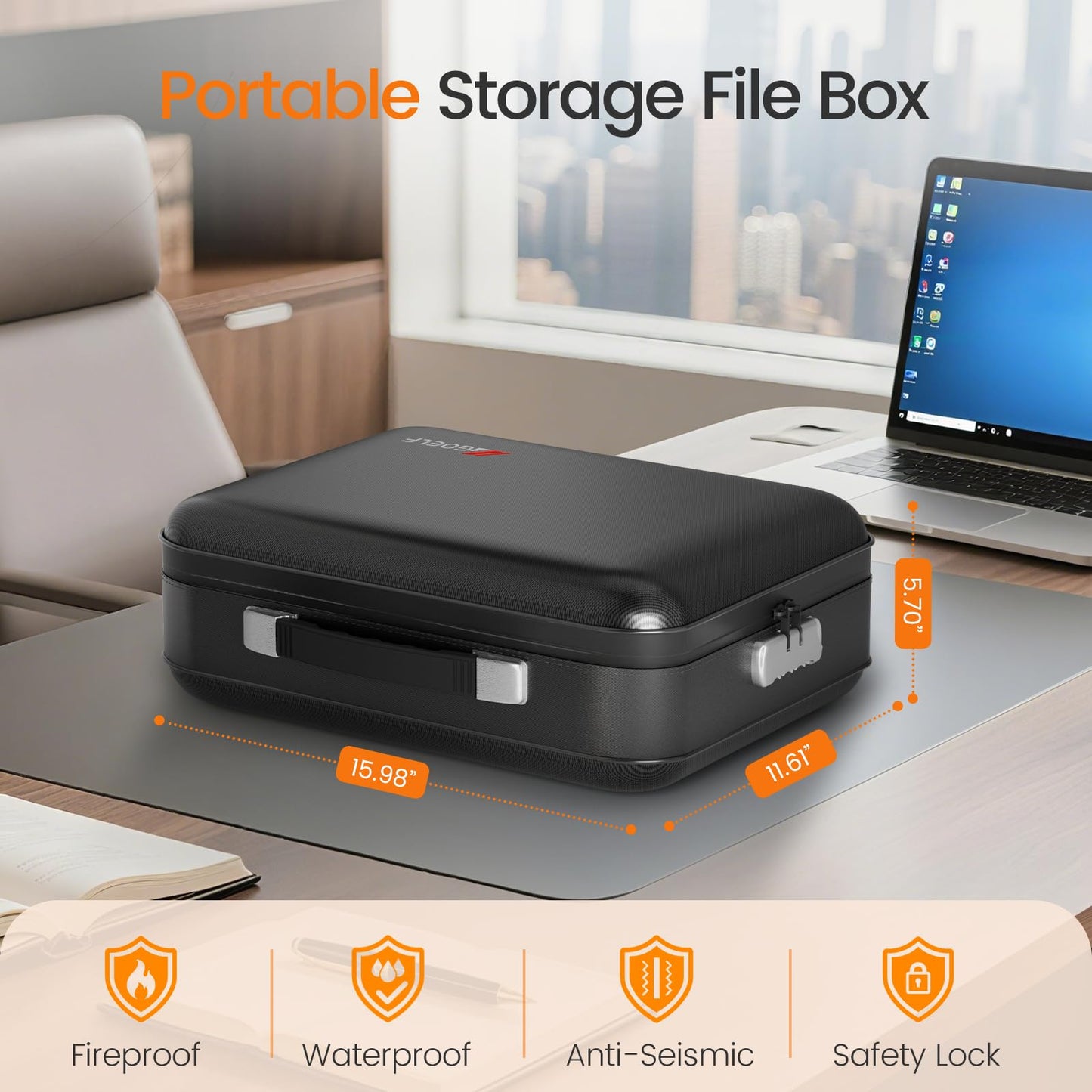 Fireproof Document Box with Lock, 5200°F Fireproof Water Resistant Hard Case File Organizer Safe Box for Important Documents, Certificates, Laptop, Passports (Black)