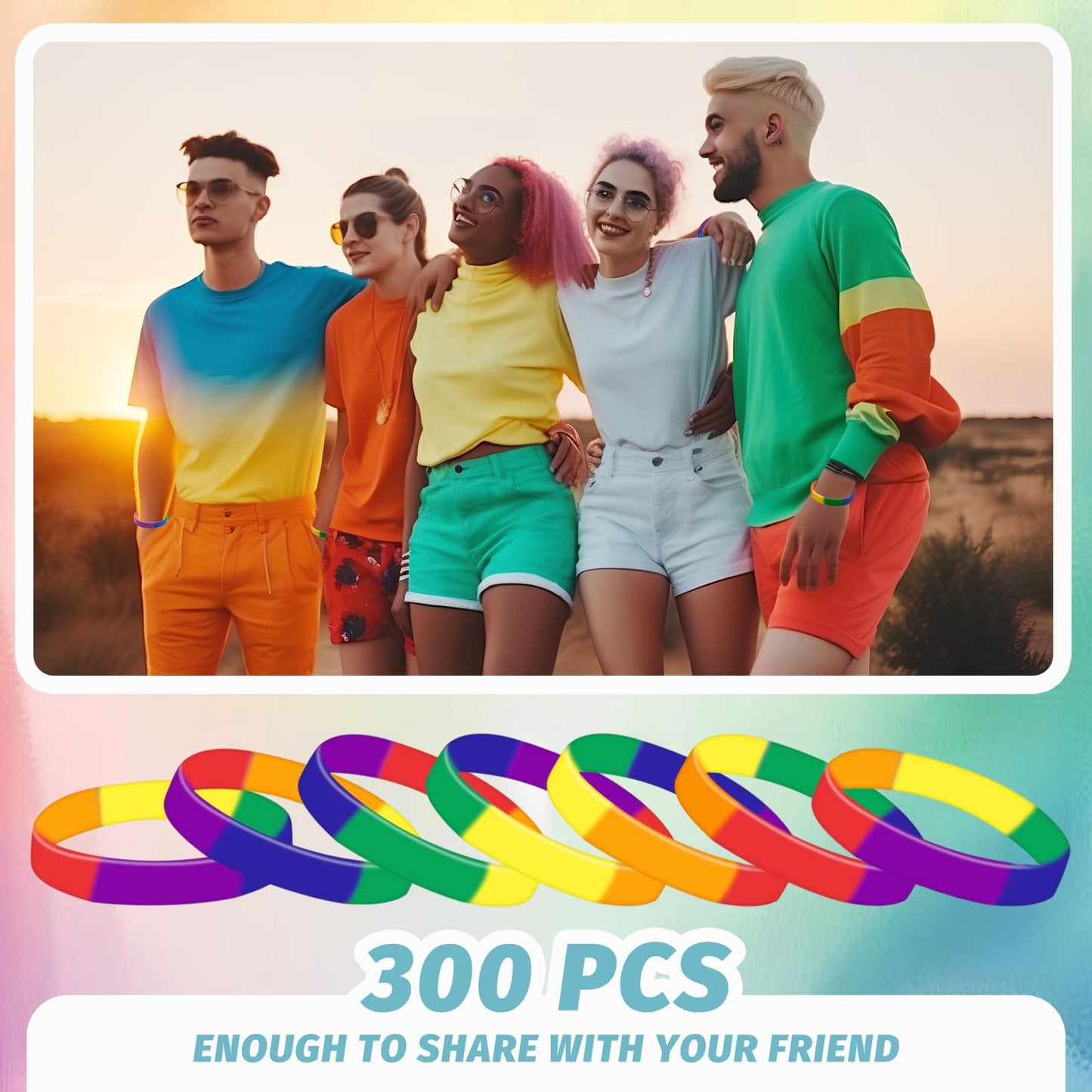300 Pcs Pride Wristbands Bulk Rainbow Silicone Bracelet Pride Wristbands Decorations Stretch Silicone Wristband Wrist Bands for Gay and Lesbian Parades Rainbow Festival Party Decorations Supplies