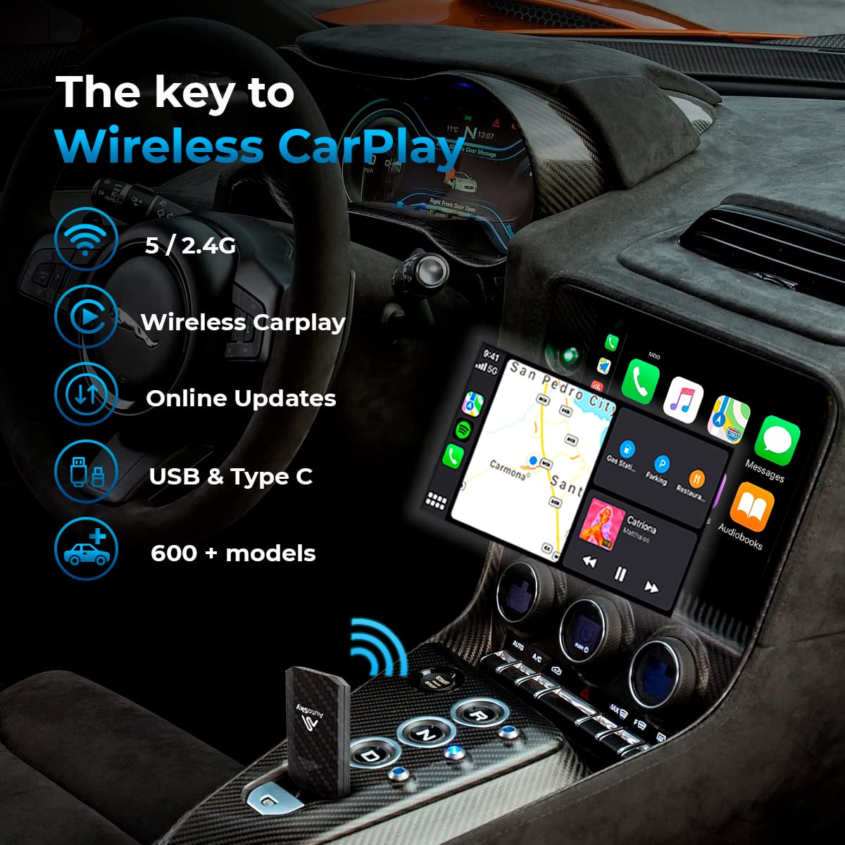 Wireless CarPlay Adapter 2023 Pro Slim Edition - Smallest and Fastest Wireless CarPlay Adapter - AutoSky - Factory Wired CarPlay Cars – USB-A and USB-C Cables – Wired CarPlay Required