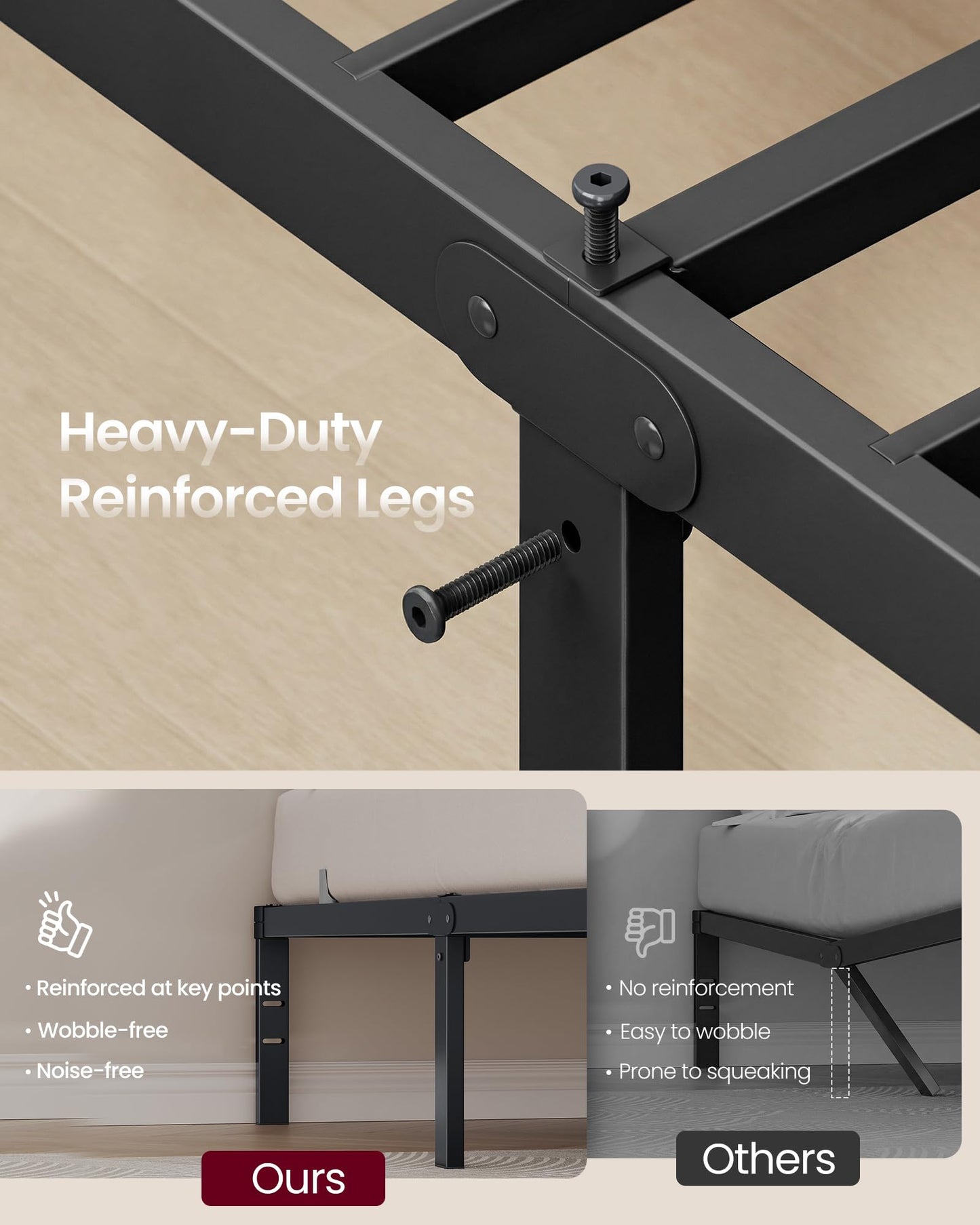 VASAGLE Queen Metal Bed Frame 14 Inches Tall, 1100 lb Weight Capacity, No Box Spring Needed, with Under-Bed Storage, Easy Setup, Heavy-Duty Platform Bed, Mattress Retainers, Matte Black URMB651BD02S