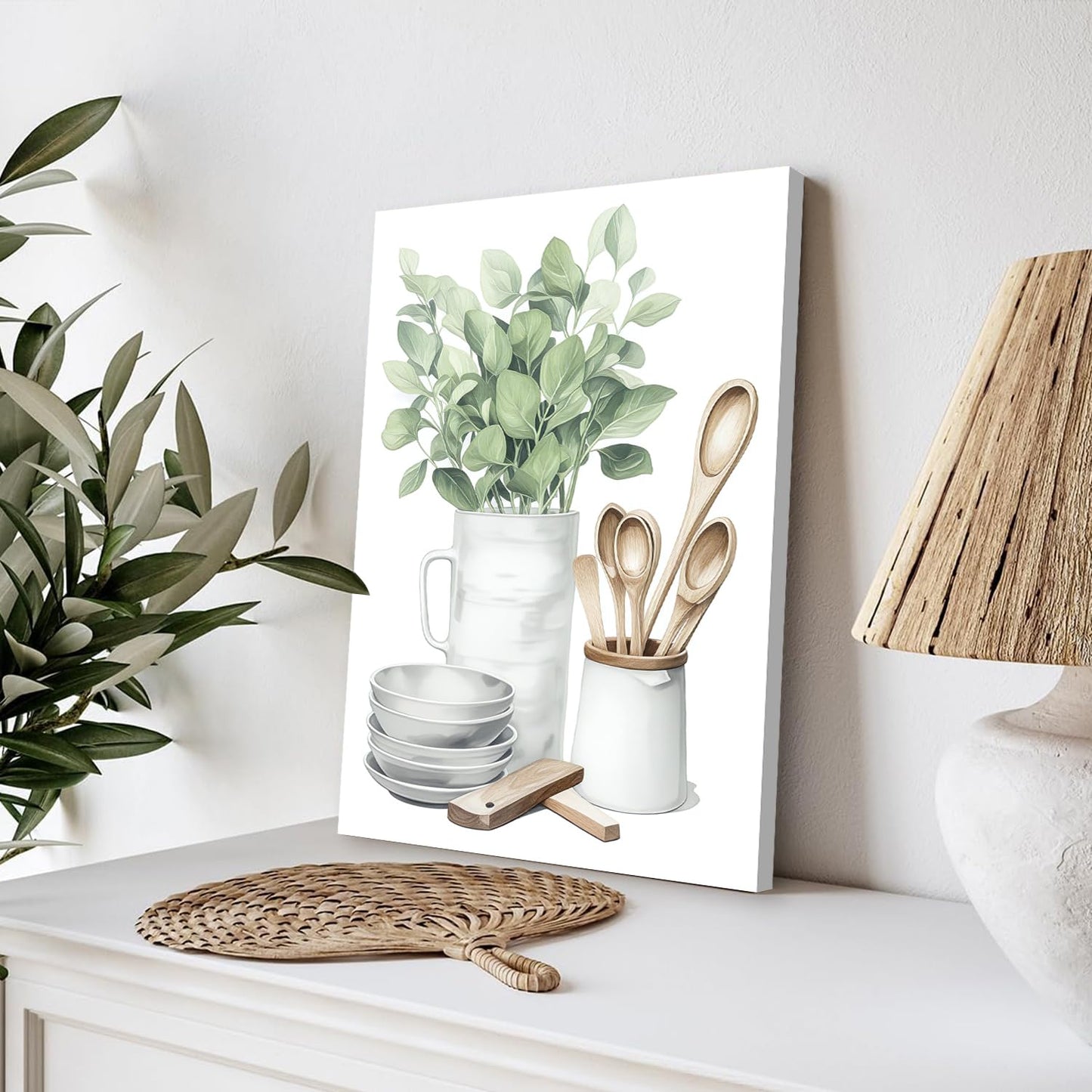 YFvrPt Sage Green Kitchen Wall Art Set of 3, Eucalyptus Leaves Plant Dining Room Painting Wall Decor, Boho Botanical Canvas Poster Print Farmhouse Pictures for Home Decoration Framed 16"x24"