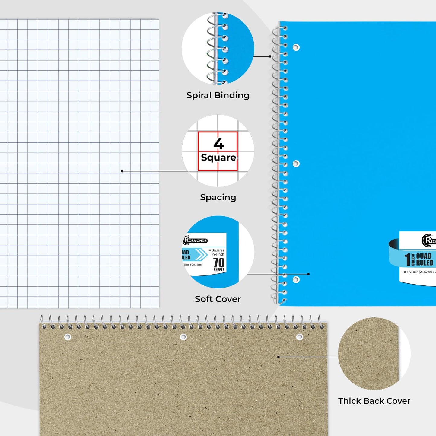 Rosmonde 1 Subject Graph Paper Spiral Notebook, 24 Pack, 70 Sheets (140 Pages), 8 x 10-1/2" Bulk 4x4 Spiral Bound Grid Notebooks, 3 Hole Punched Single Subject Quad Ruled Spiral Notebooks for School