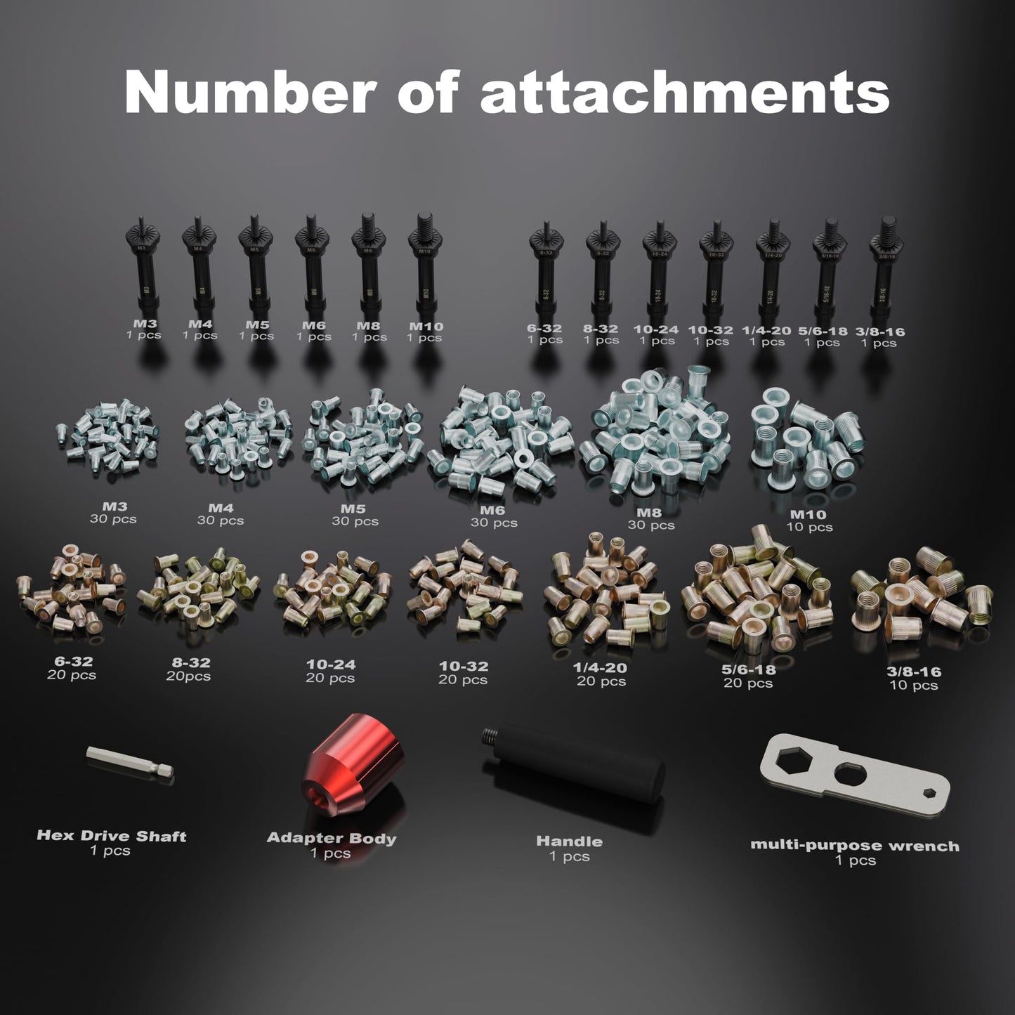 WelderElite Rivet Nut Drill Adaptor Tool Kit Contains 290 Rivet Nuts and 13 mandrels