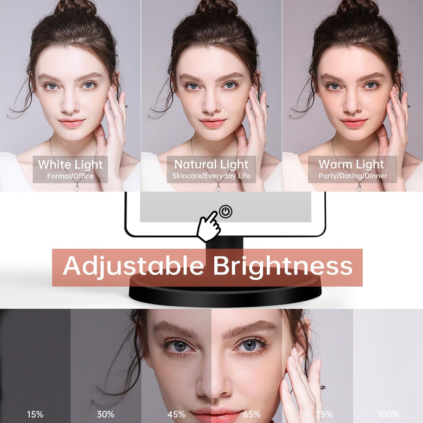 FUNTOUCH Large Lighted Vanity Makeup Mirror with Lights, 3 Color Lighting Modes Light Up Mirror with 88 LED, 360° Rotation Touch Screen and 10X Magnification Tabletop Cosmetic Make Up Mirror (Black)