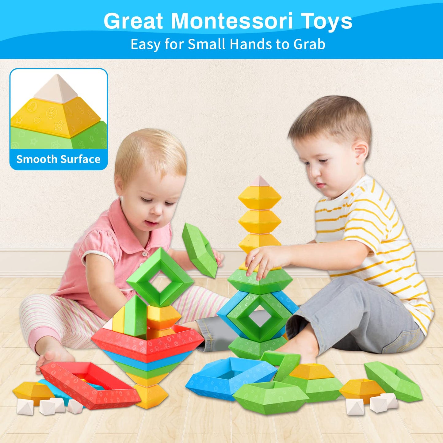 Montessori Toys for 1 2 3 4 5 Year Old Boys Girls Toddlers Preschool Learning Activities 30Pcs Building Blocks Stacking Educational Toys STEM Sensory Toys Gifts for Kids Age 1-2 2-4