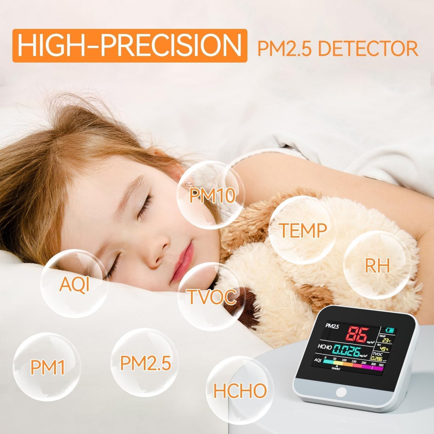 Professional 13 in 1 Air Quality Monitor Indoor, PM2.5/PM1/PM10/Temperature/Formaldehyde/Humidity/TVOC and 6AQI with Alert Buzzers, Portable & Easy to Use for Home Car Office School Air Quality Tester